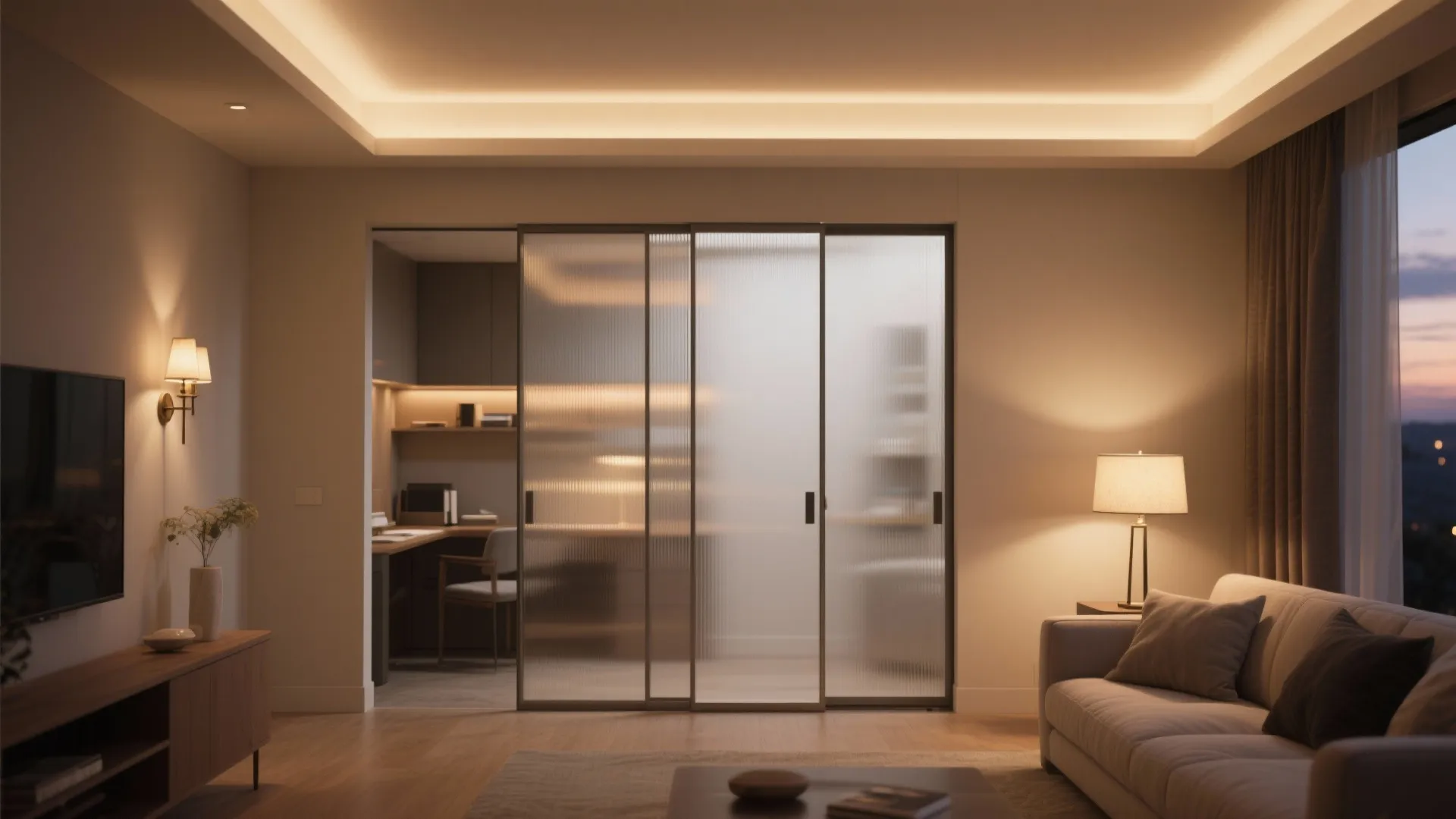 Sliding doors, pocket partitions, and layered lighting