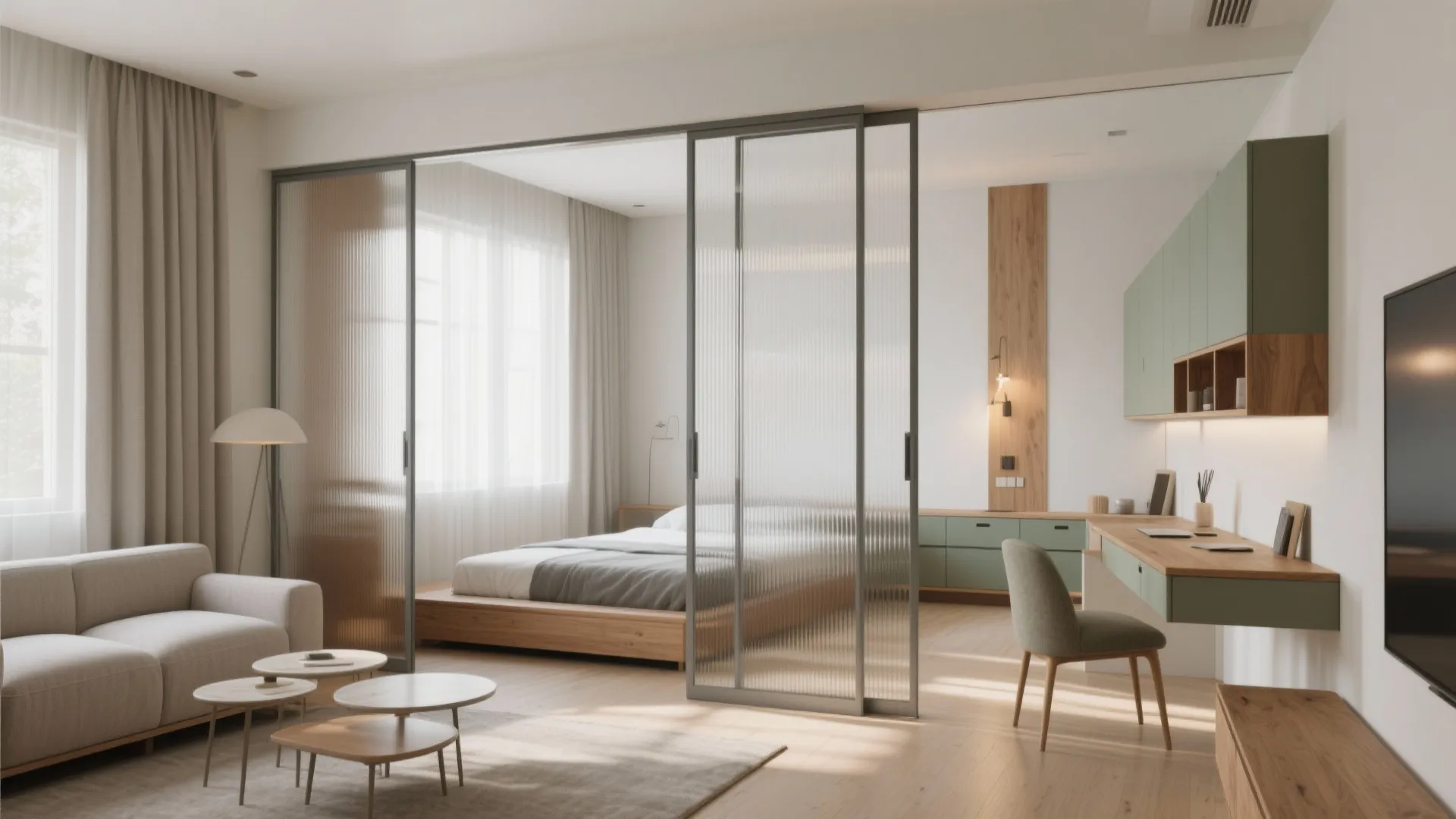 Sliding partitions and multipurpose furniture for flexible zones