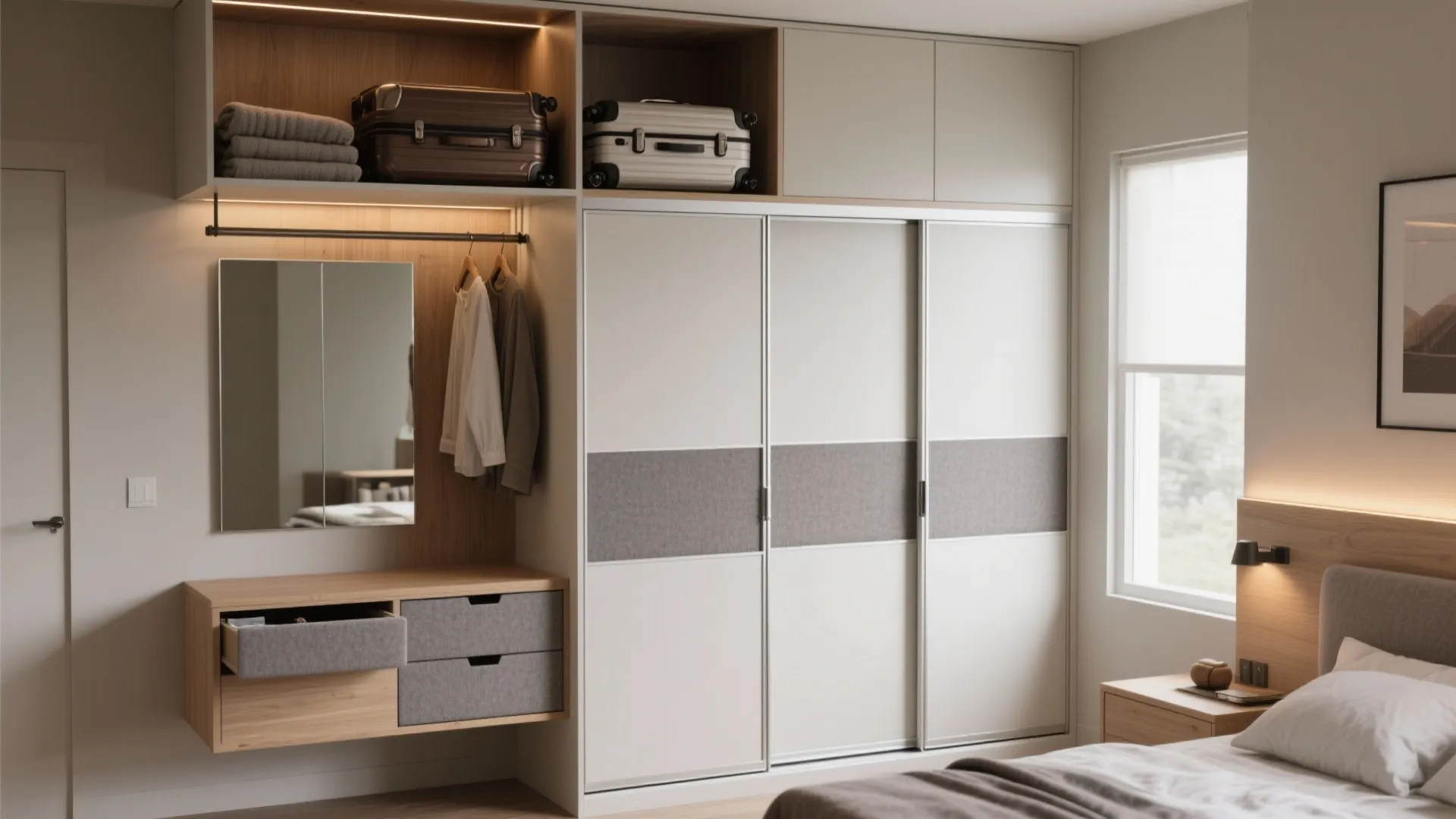 Modern bedroom with sliding door closet, built-in shelving, suitcases, vanity mirror, drawers, and warm lighting