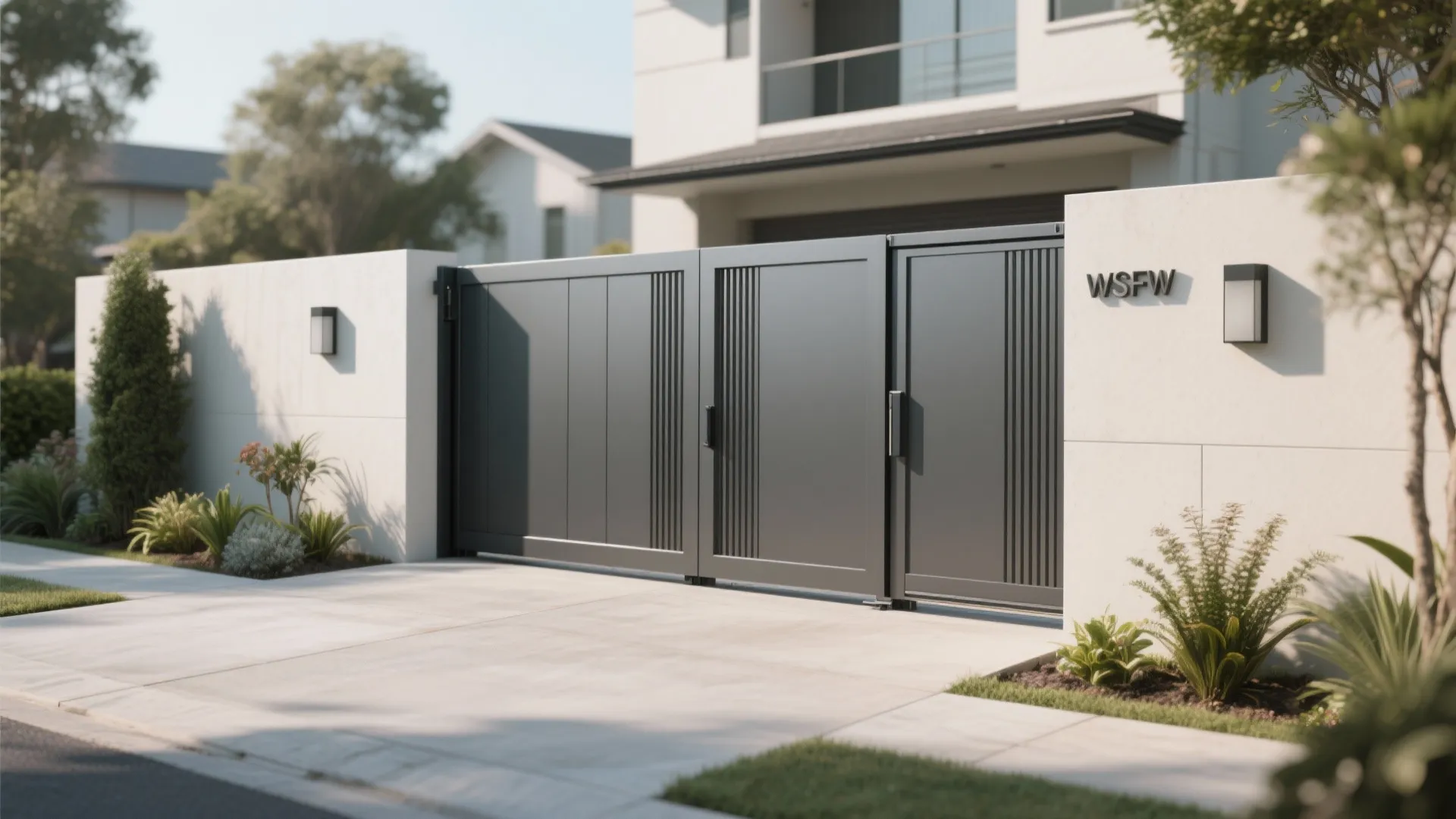Large grey sliding metal gate with vertical lines installed on a white concrete garden wall