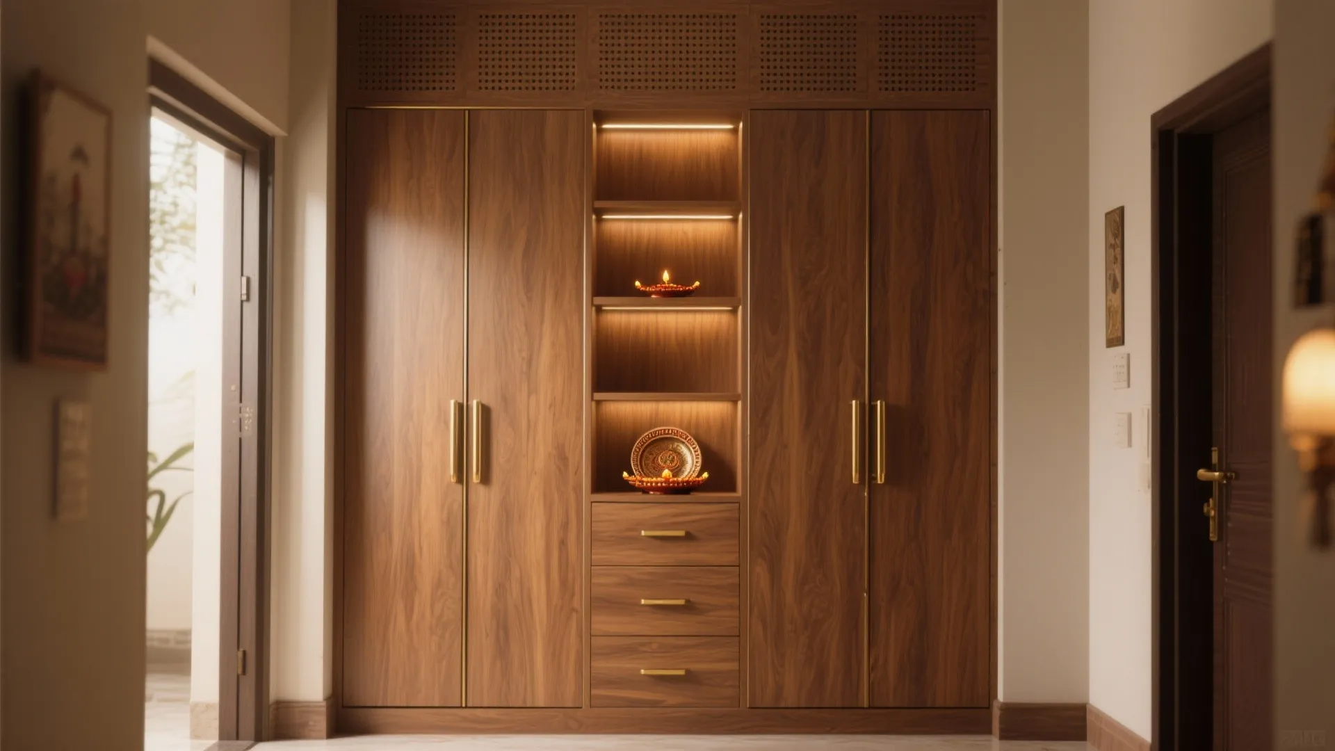 Tall Sliding-Door Pooja Cupboard with Ventilated Panels