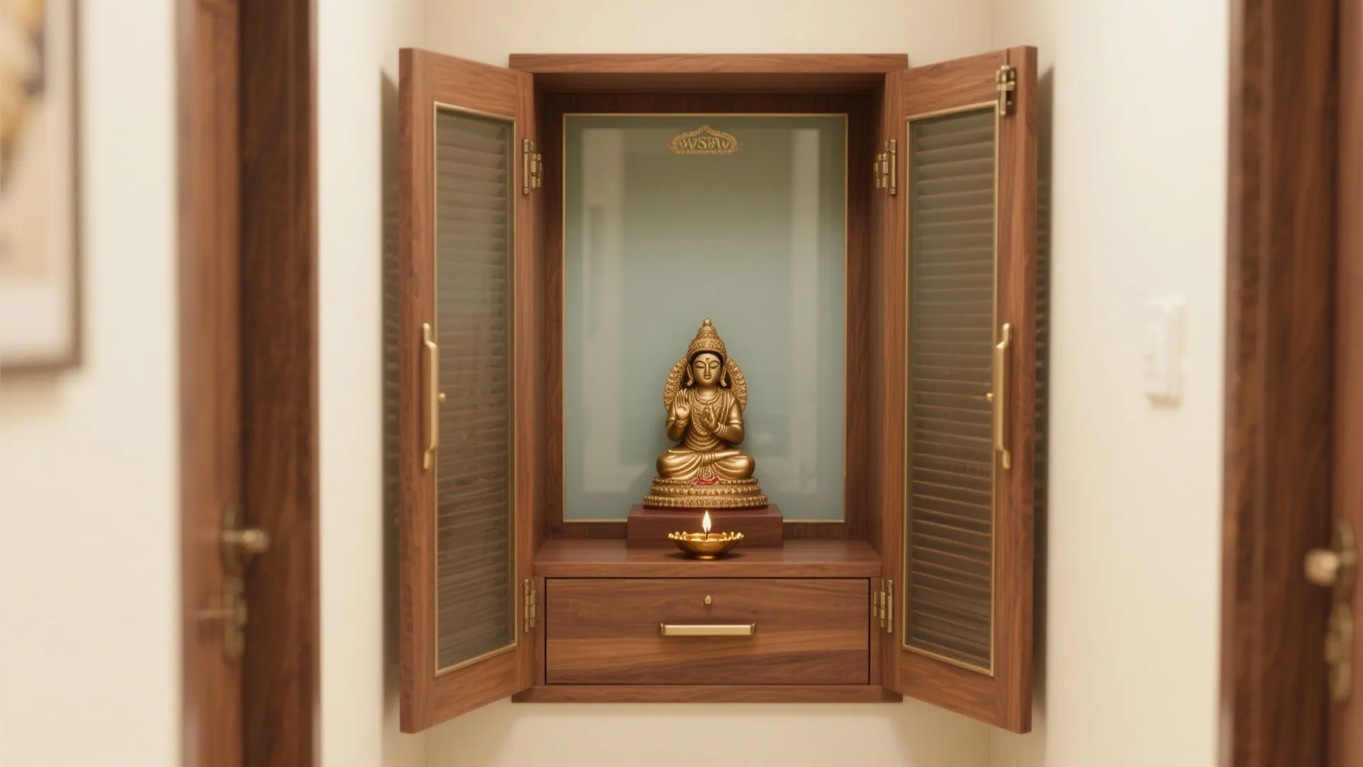 Foldable Cabinet Mandir with Sliding Doors