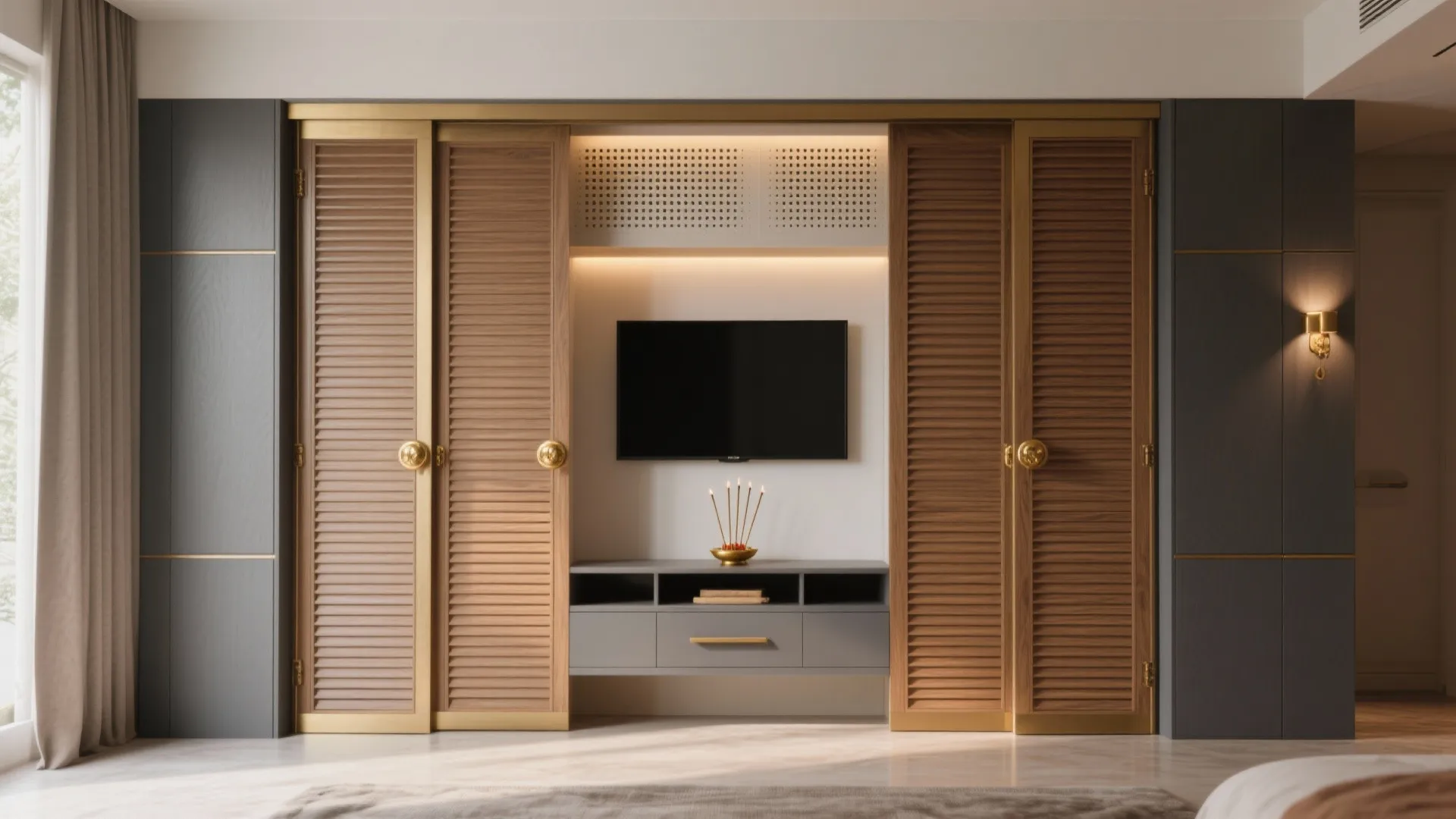 Living room wall with television flanked by wooden sliding doors and wall light on dark panels