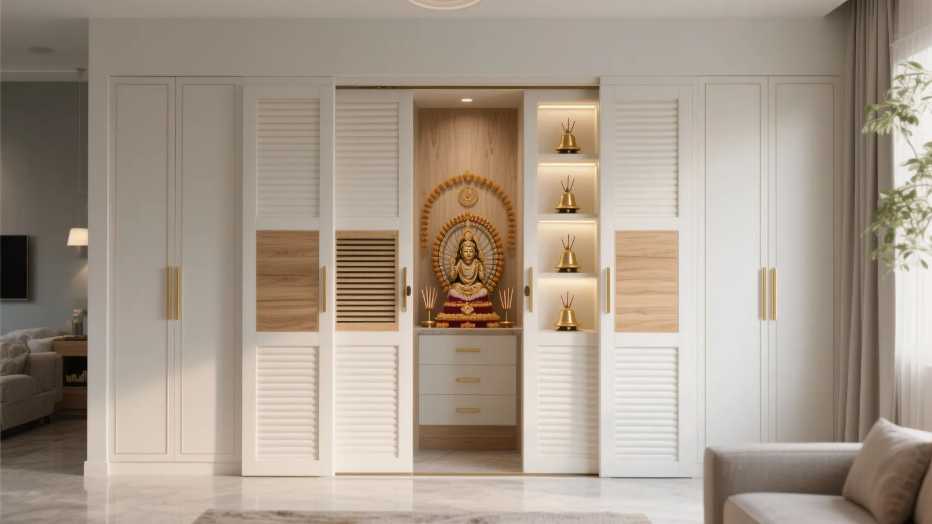 Large white storage cabinet with sliding doors revealing a small prayer area and gold bells