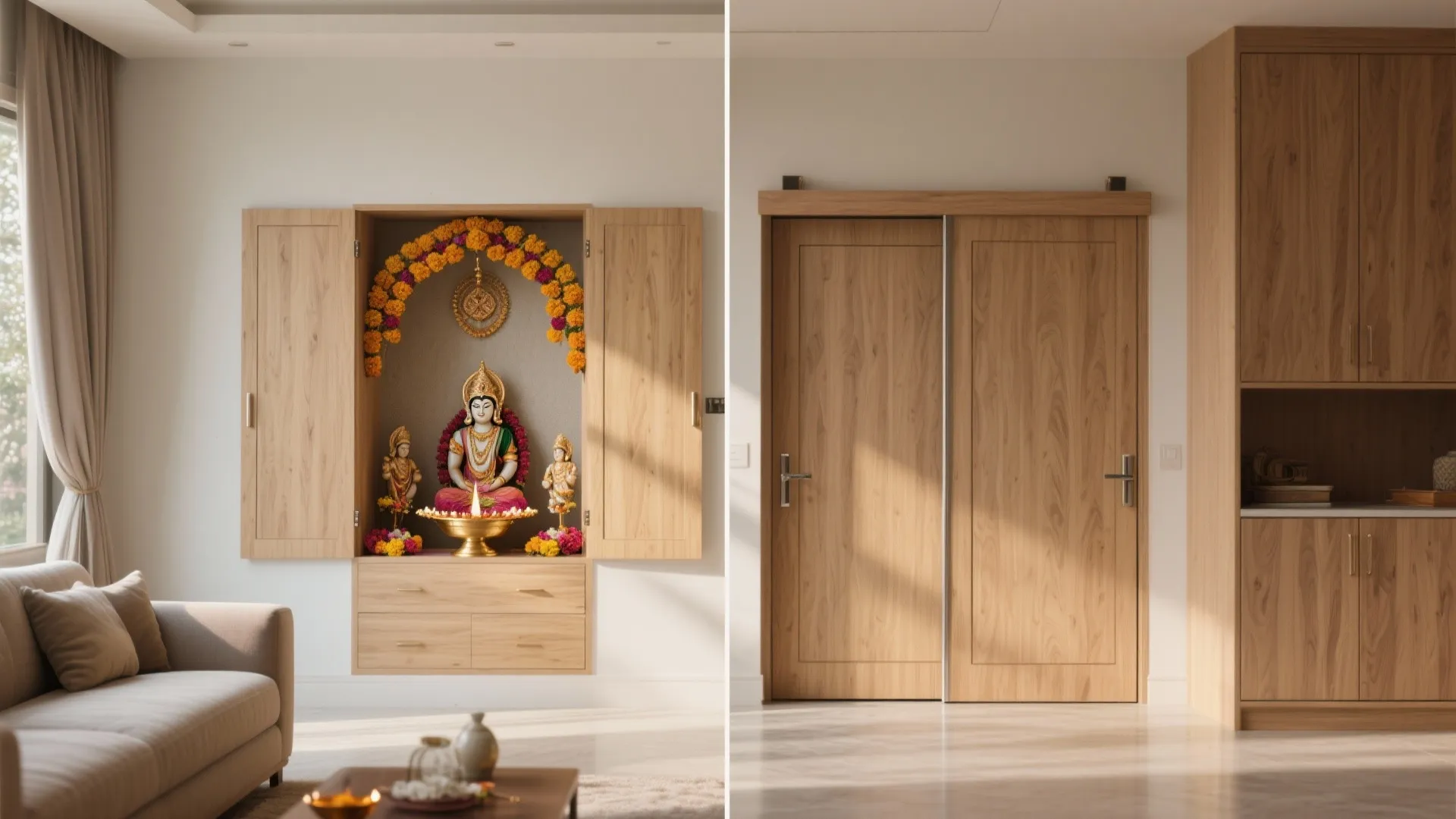 Sliding-Door Mandir Integrated Into Cabinetry