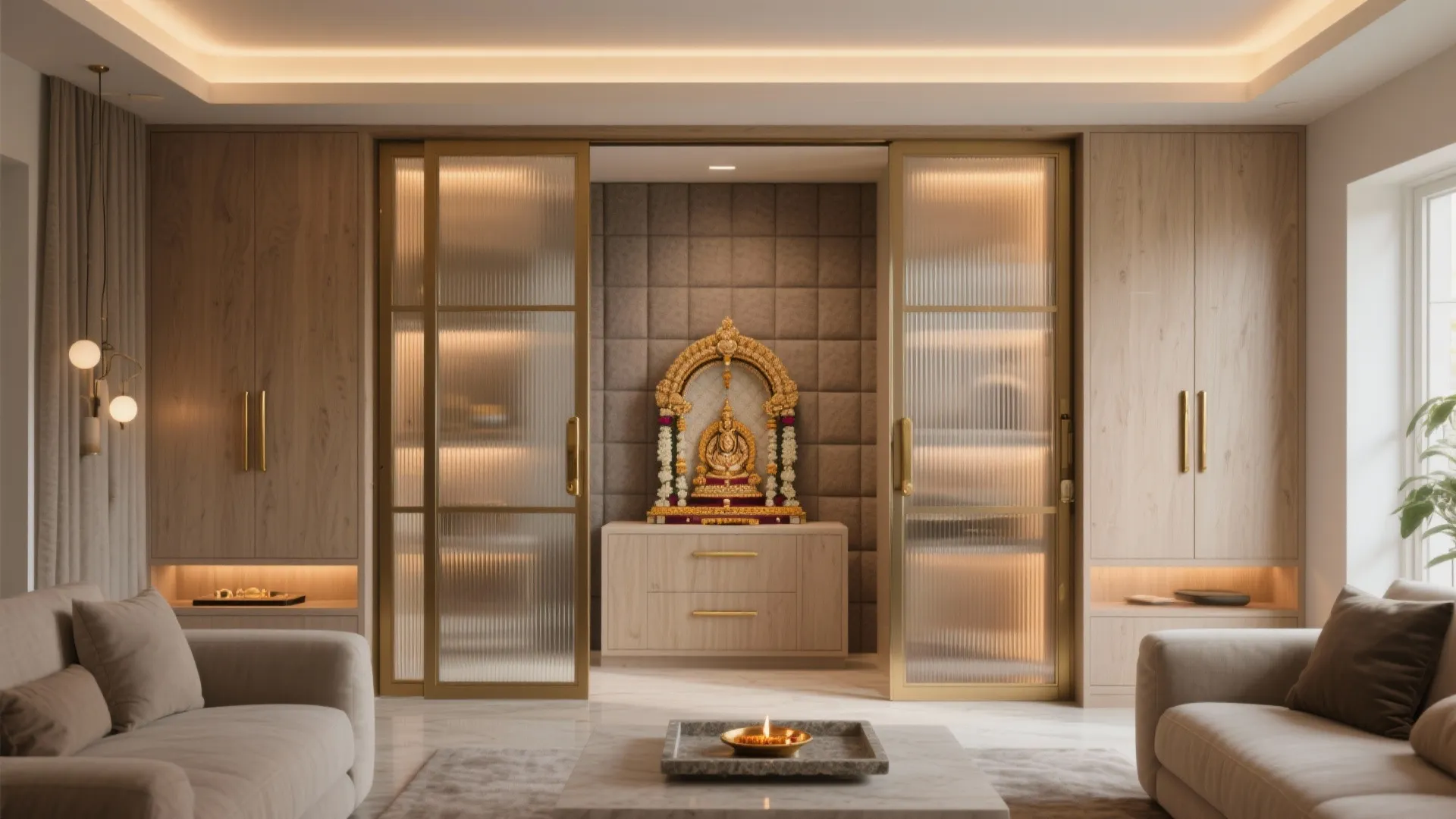 Wooden cabinet wall with glass sliding doors revealing a gold statue inside a small shrine