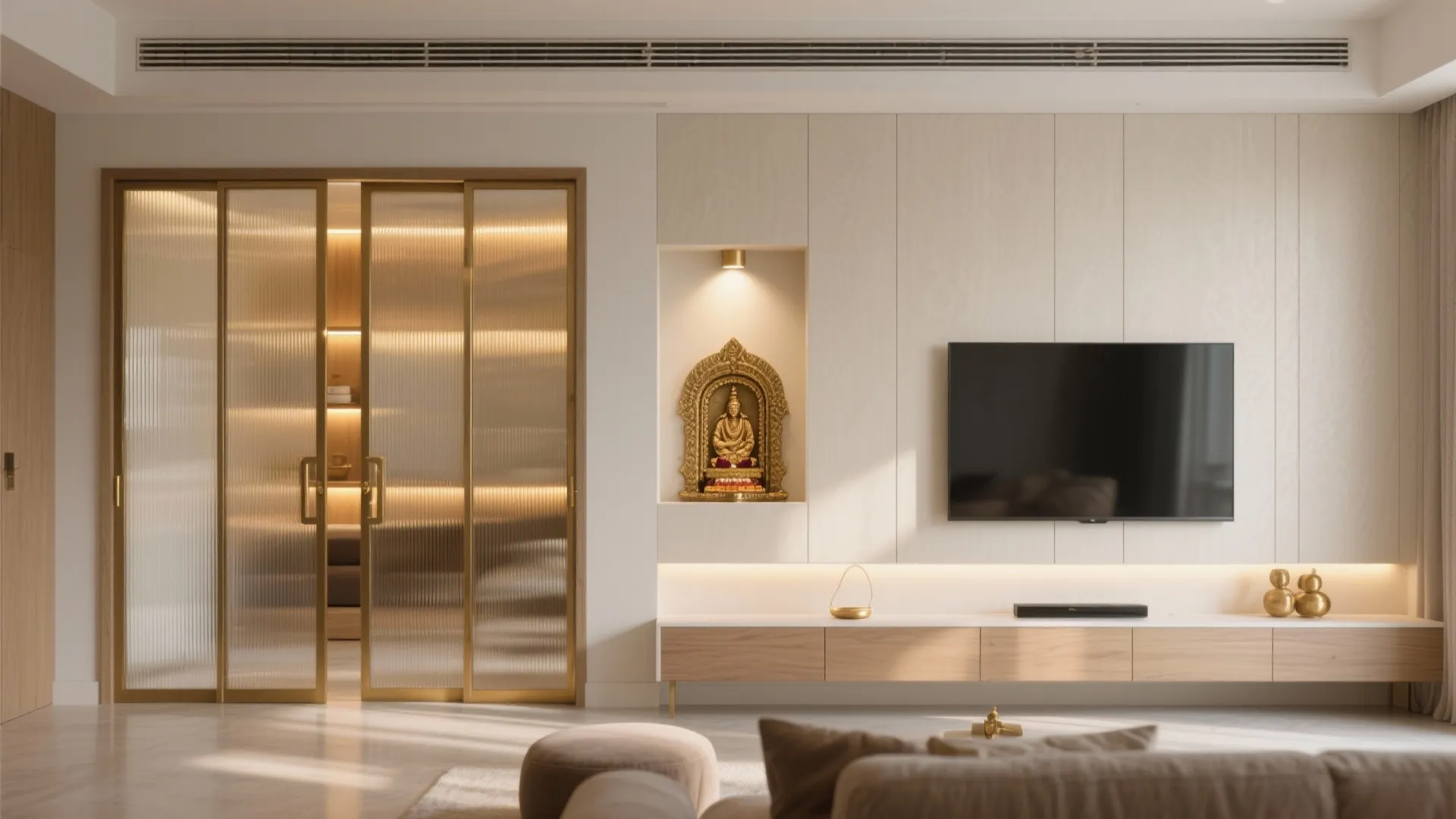 Sliding-Door Pooja Cabinet Within a Living-Room Wall