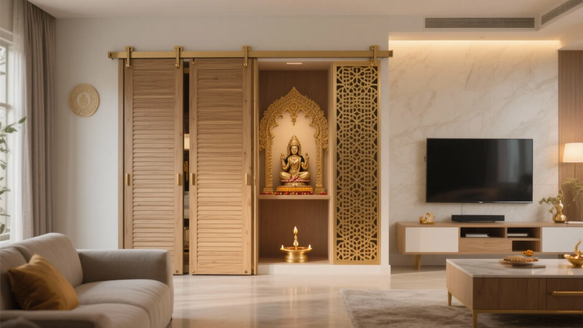 Slim mandir cabinet with fluted sliding doors and brass jaali ventilation.