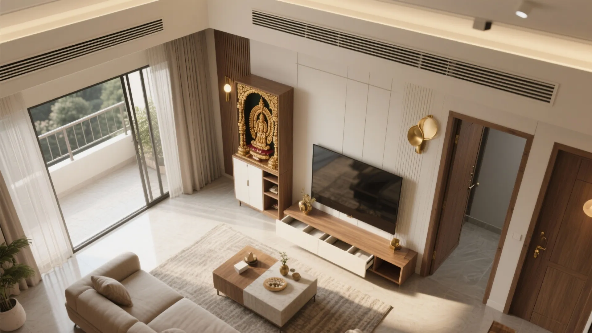 Top-down layout showing circulation around a sliding-door mandir cabinet.