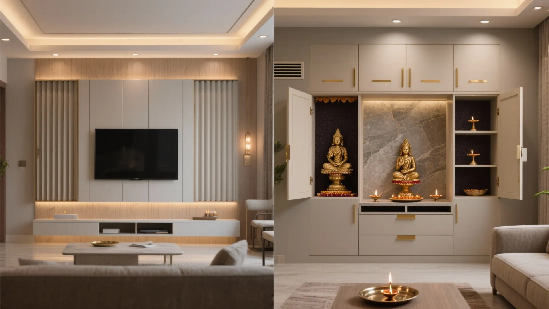 Sliding-Door Pooja Cabinet Integrated with the TV Wall