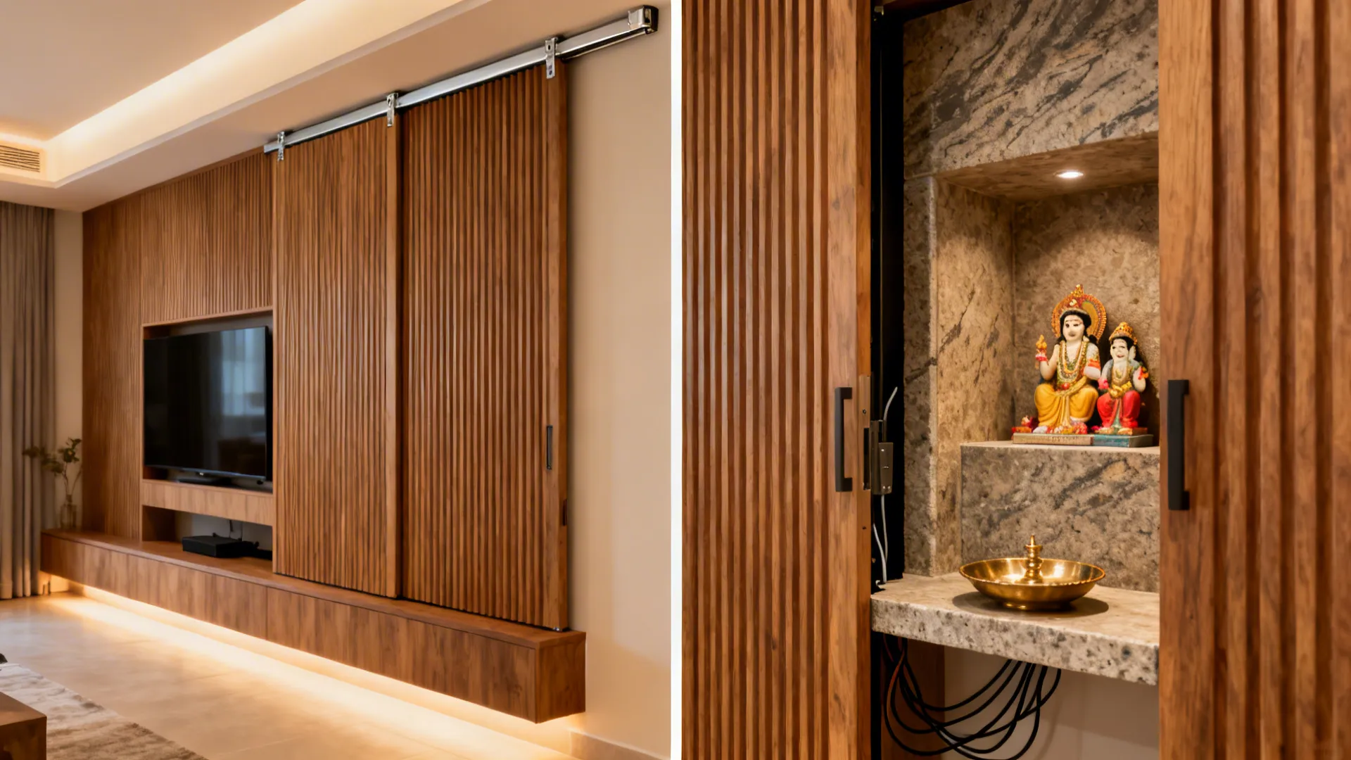 TV wall with fluted sliding panel that conceals or reveals a shallow pooja shrine.