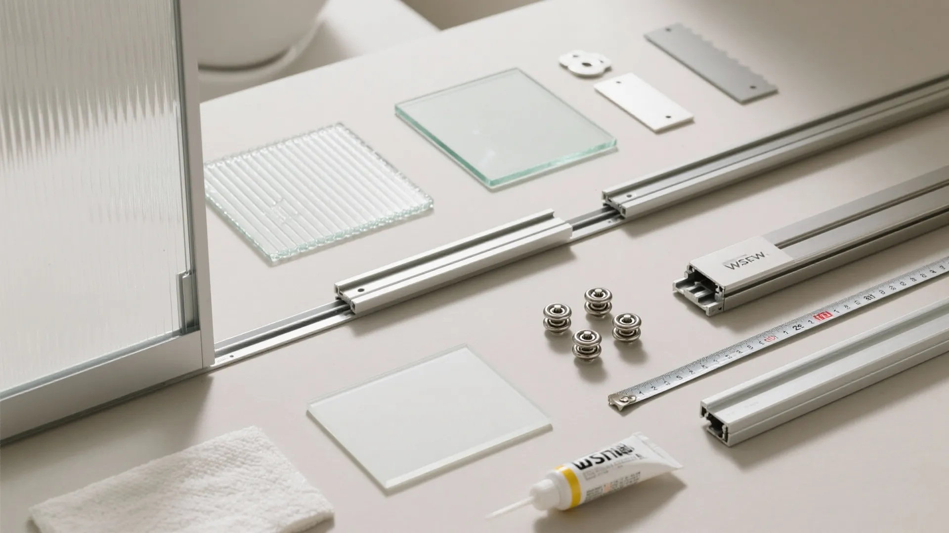 Door installation materials including metal tracks glass panels rollers glue and a measuring tape on table