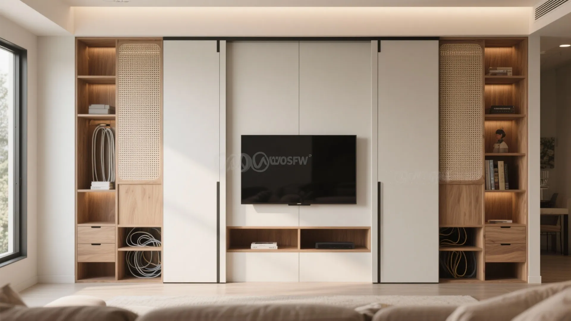 Sliding-Door Media Wall with Hidden Storage
