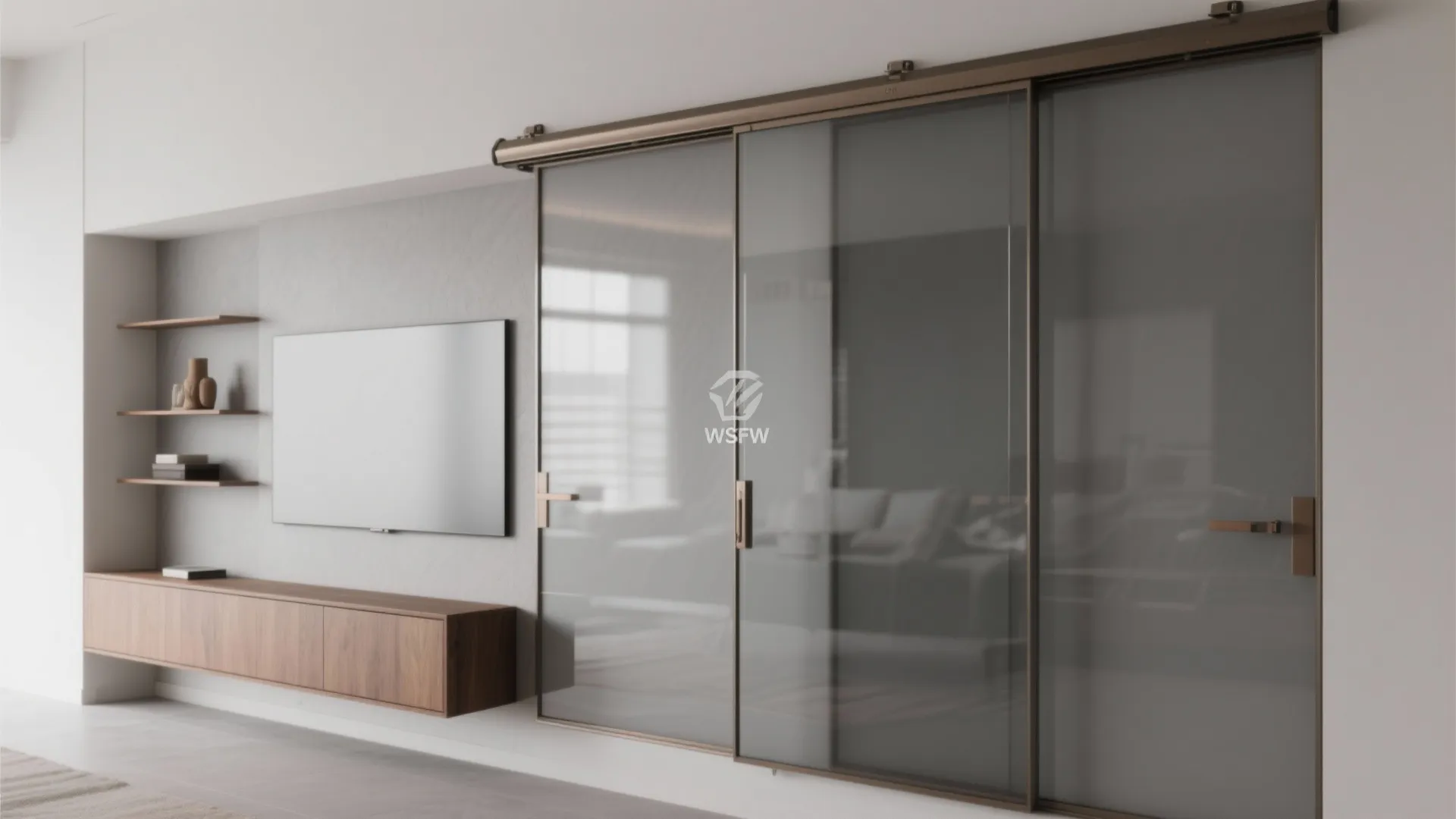 Modern living room interior design drawing with sliding glass doors, wall mounted television, and cabinet