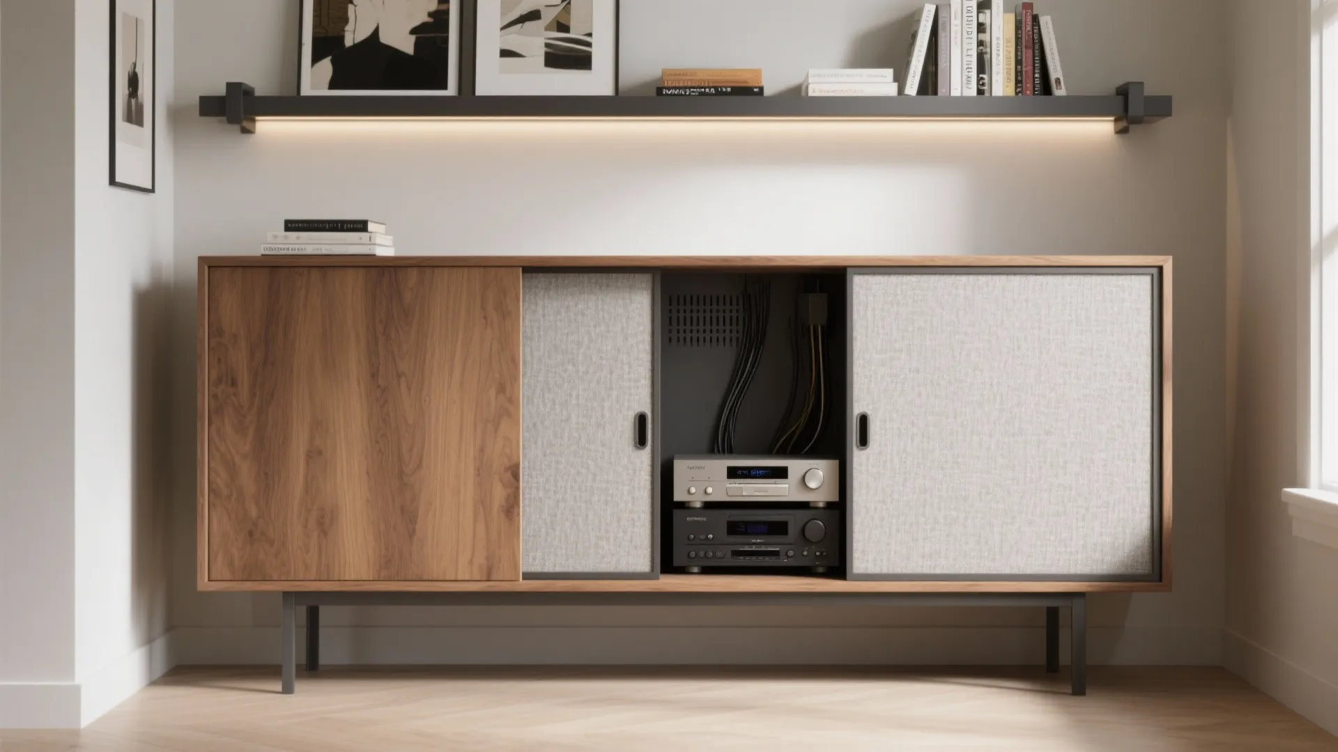 Sliding-door media unit for cable control and cleaner acoustics