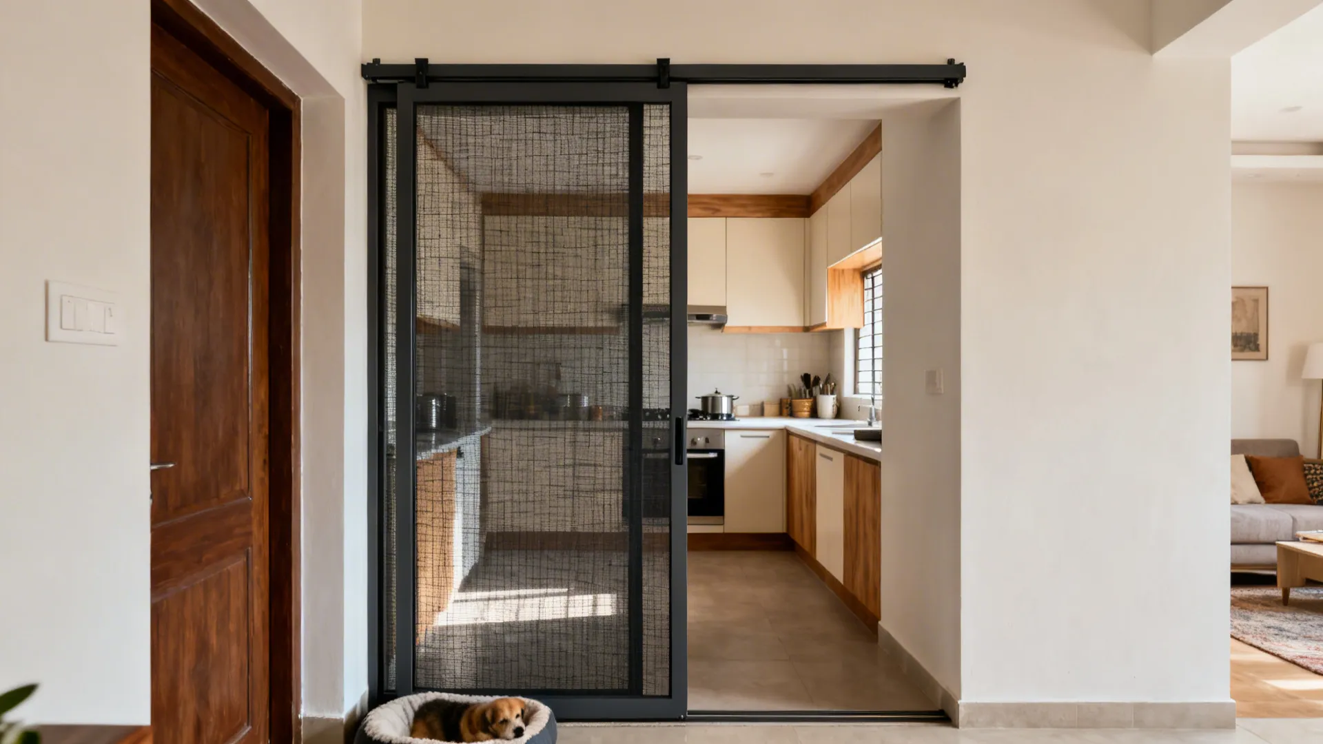 Slim top-track sliding mesh gate ventilating a compact kitchen entrance.