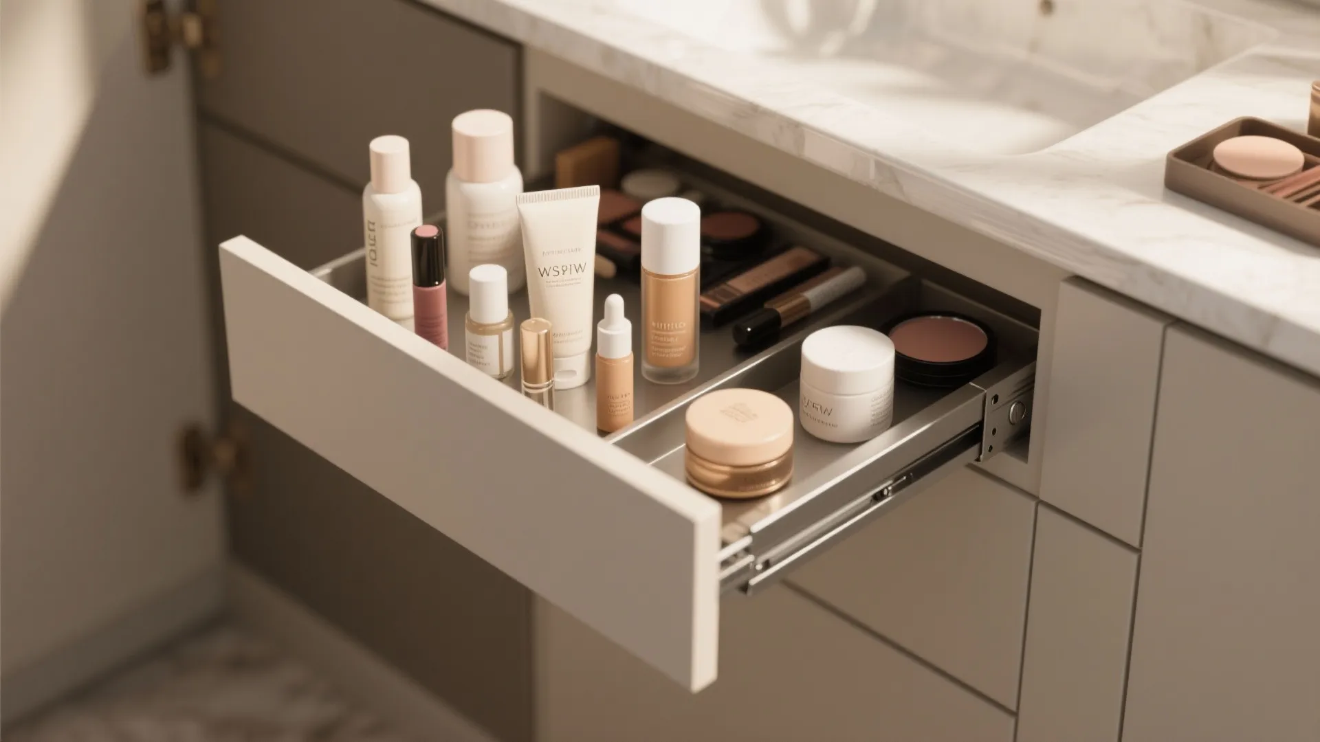 Top-down view of sliding mini shelves pulled out from a cabinet door holding lotions and makeup