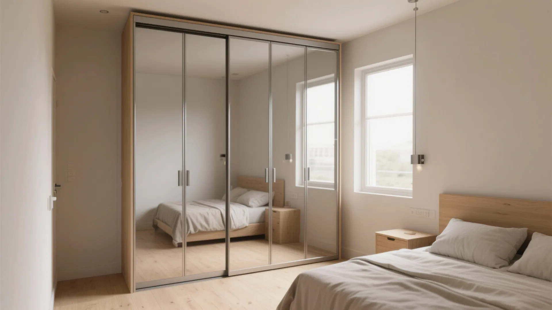 Large sliding mirror door cabinet reflecting a wooden bed in a bright and airy bedroom
