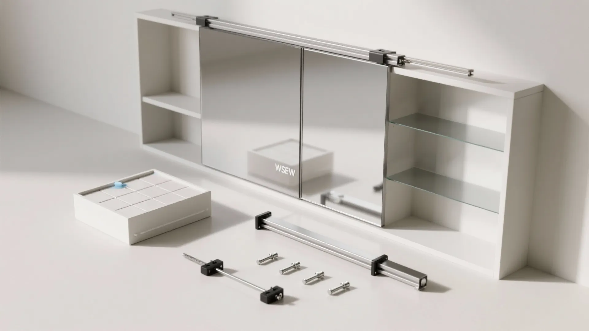 Modern white wall cabinet with sliding mirror doors and metal hardware components for bathroom storage assembly