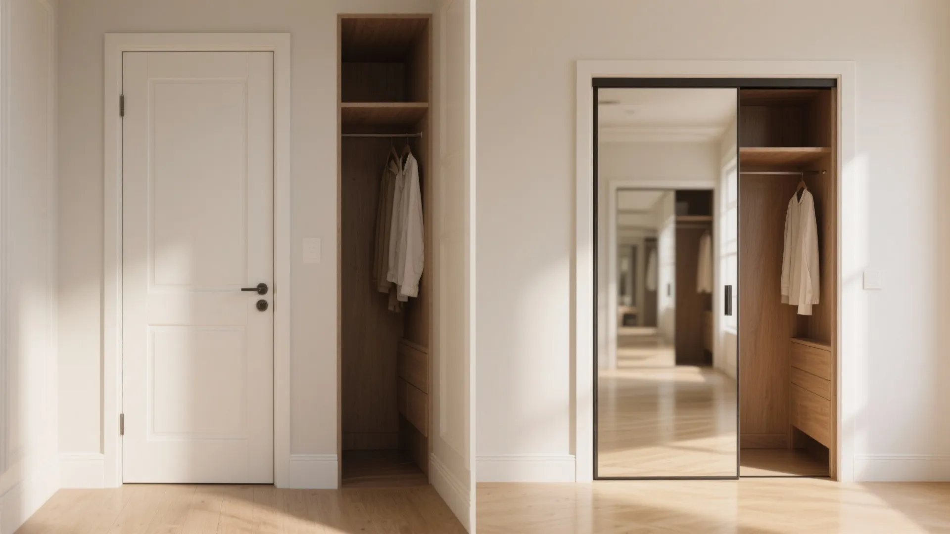 Side-by-side comparison of an open wooden closet versus a closet with a large sliding mirror