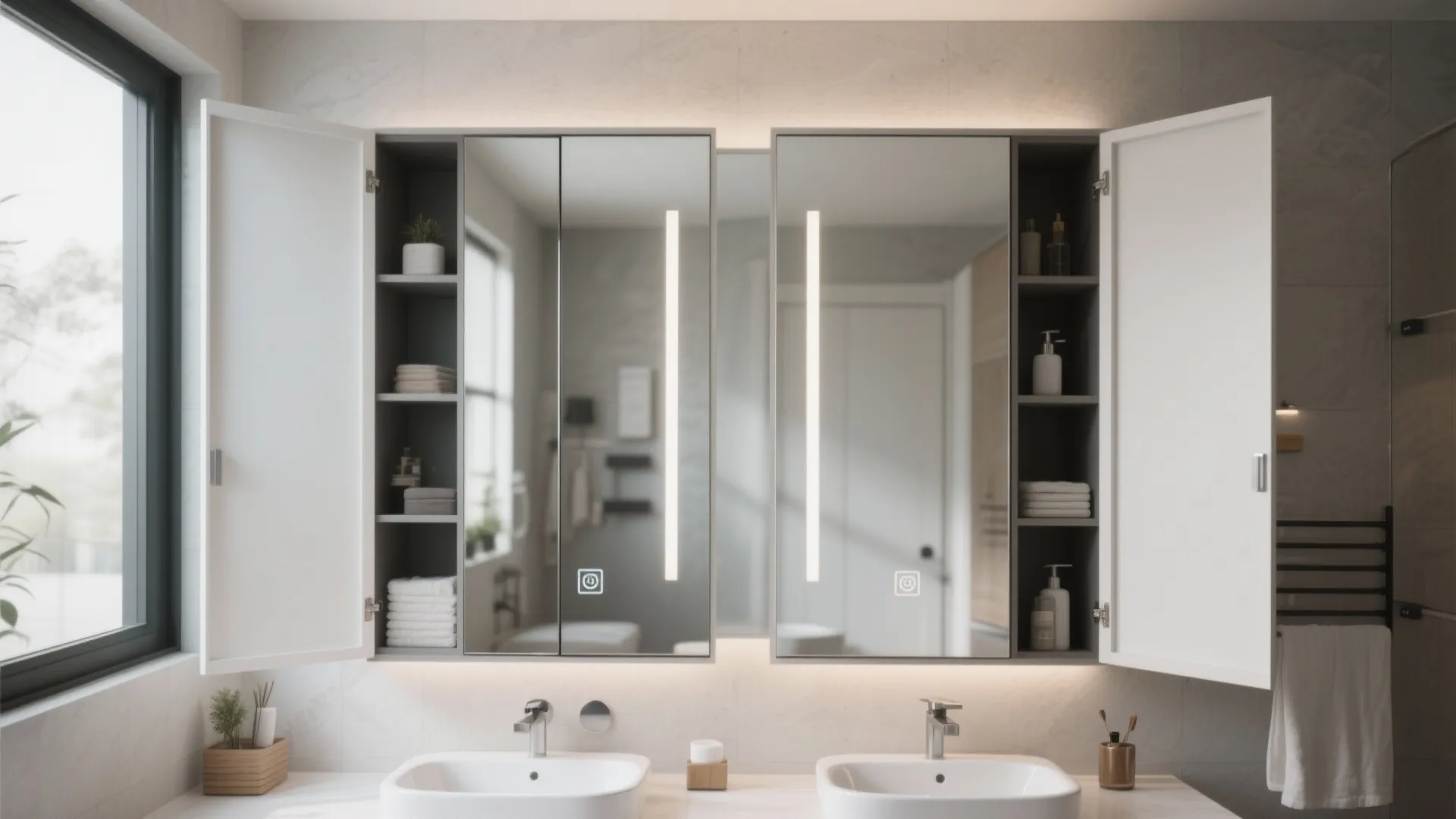Double bathroom vanity with light mirrors and open wall cabinet showing towels and soap bottles
