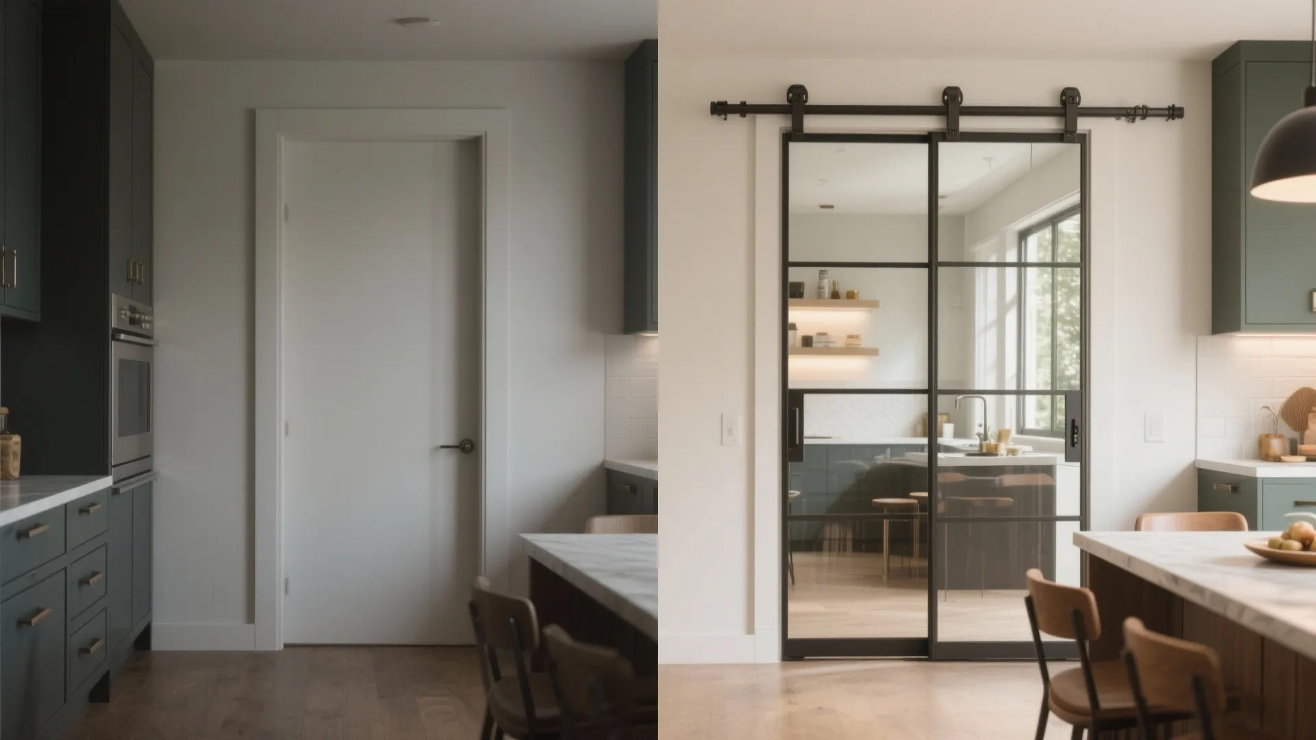 Before and after comparison of a solid white door replaced by black sliding glass doors