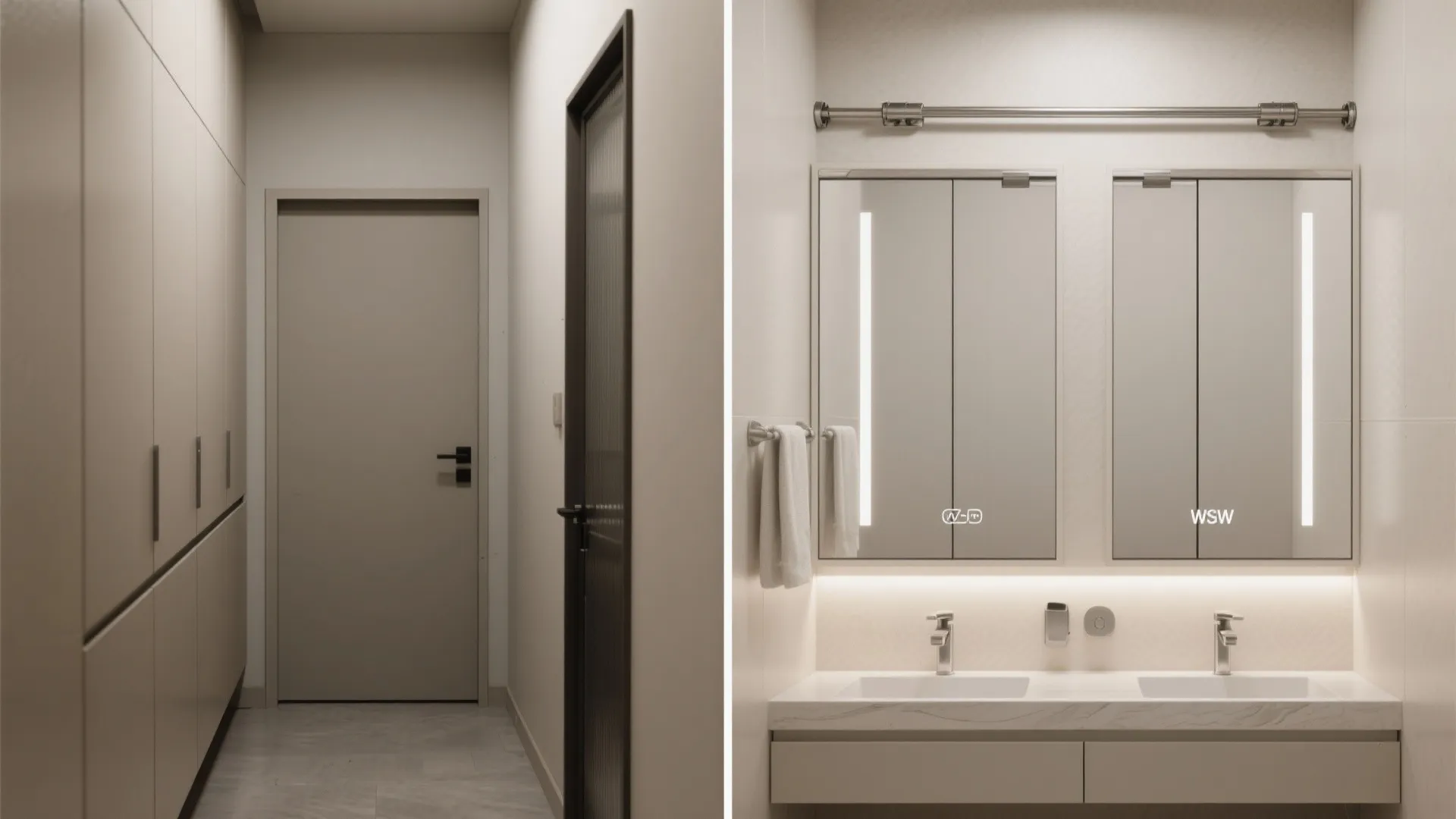 Narrow bathroom upgraded with sliding mirror fronts over a shallow niche, saving clearance.