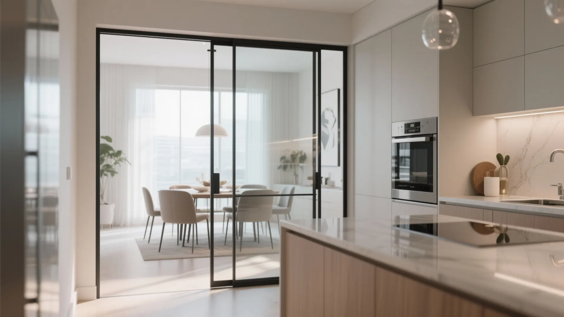 Modern kitchen view through black frame sliding glass doors into dining area with table and chairs