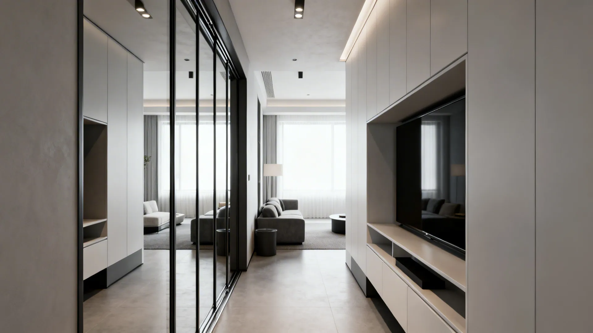 Narrow living room with sliding mirrored wardrobe doors maximizing storage and reflected light.