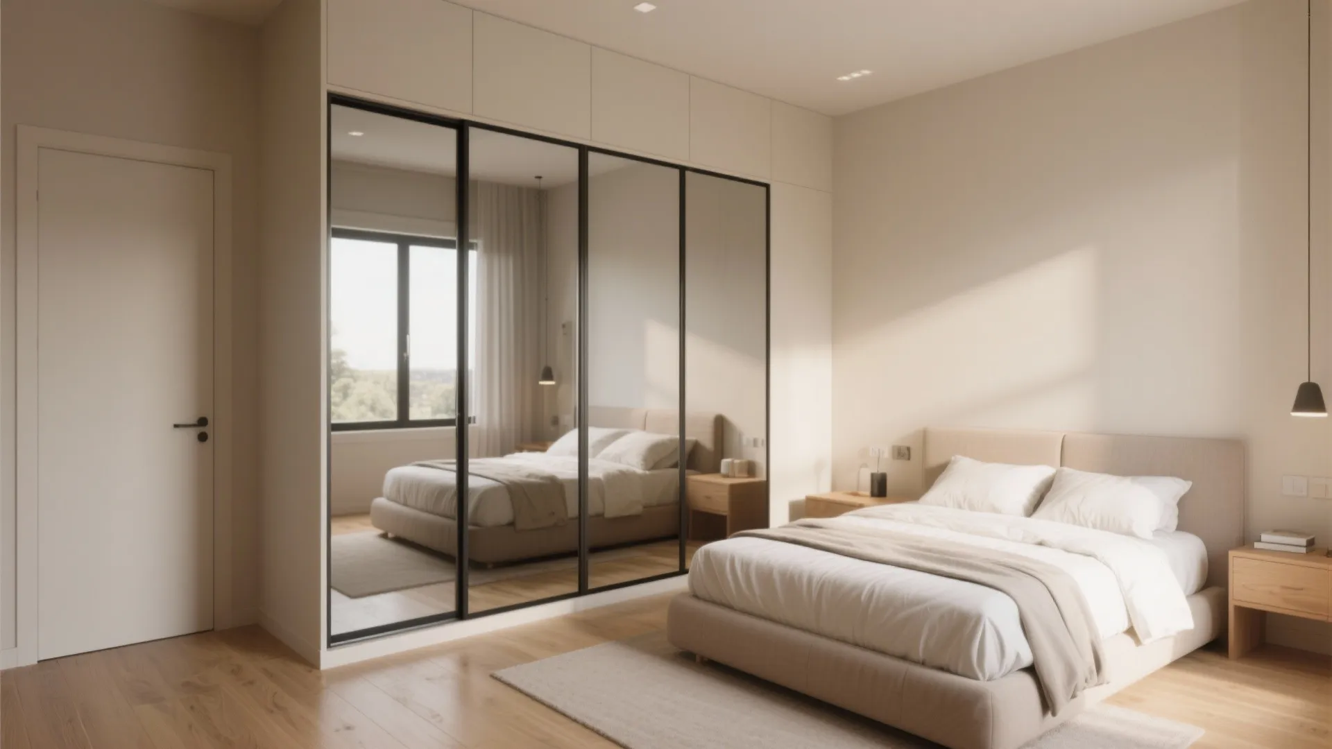 Modern bedroom with large sliding mirror cabinet reflecting a cozy bed and light natural wood