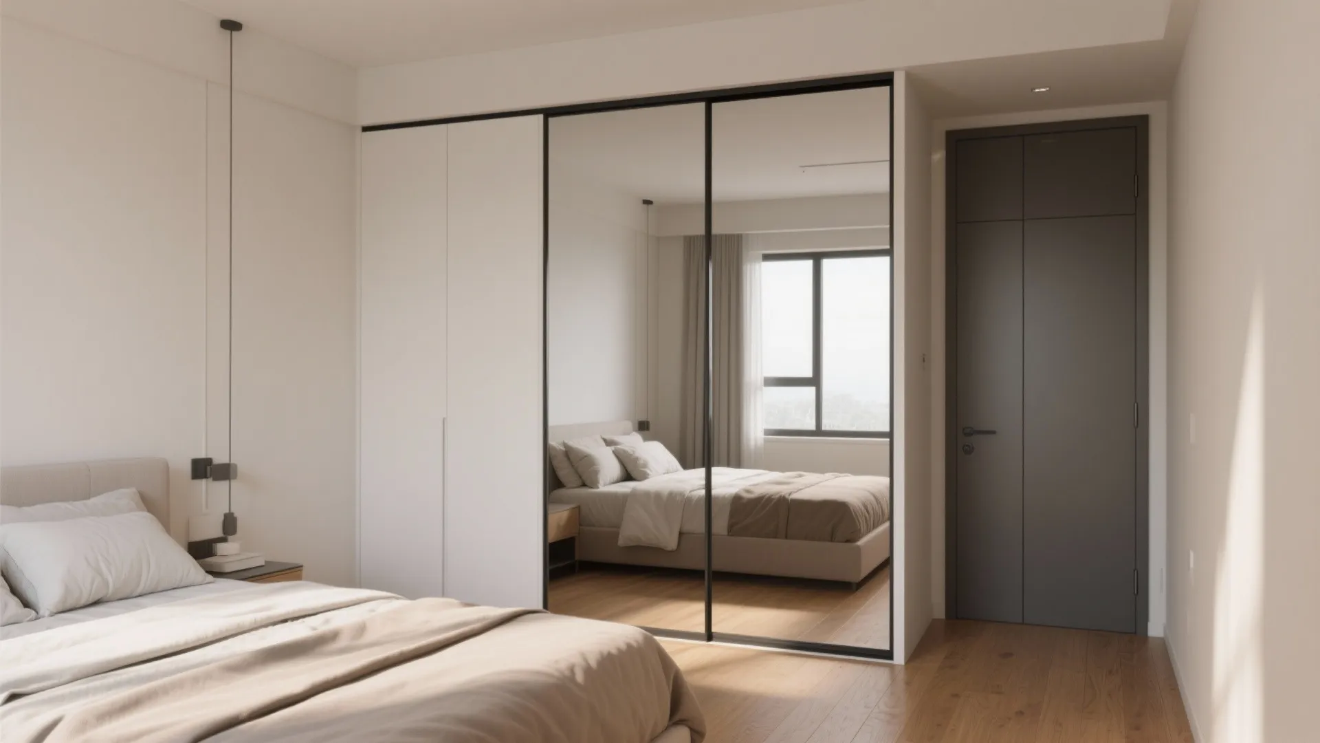Sliding wardrobe with one mirrored and one matte panel saving clearance in a small bedroom.