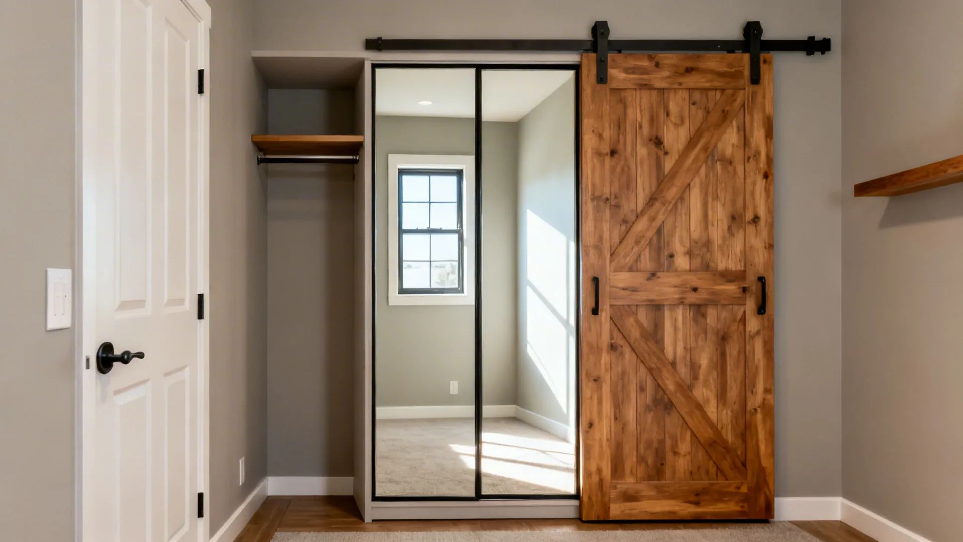 Sliding door and mirrored storage to open sightlines