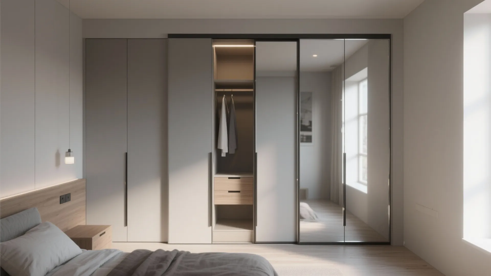 5. Sliding doors, mirrored panels, and hidden wardrobes