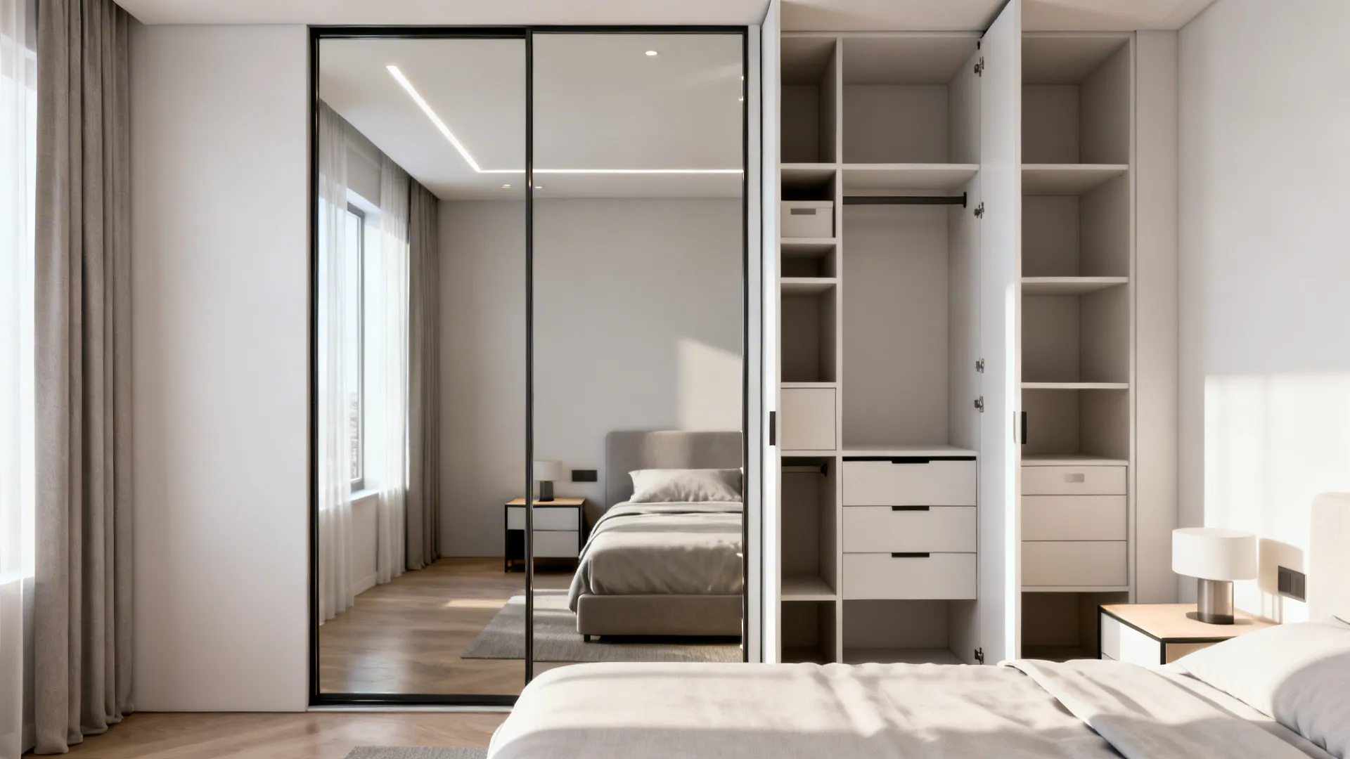 Mirrored sliding wardrobe doors in a small bedroom reflecting light and opening to reveal organized storage.