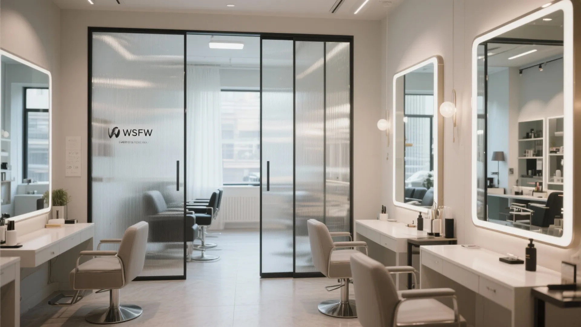 Sliding partition opened with mirrors that expand a small salon space