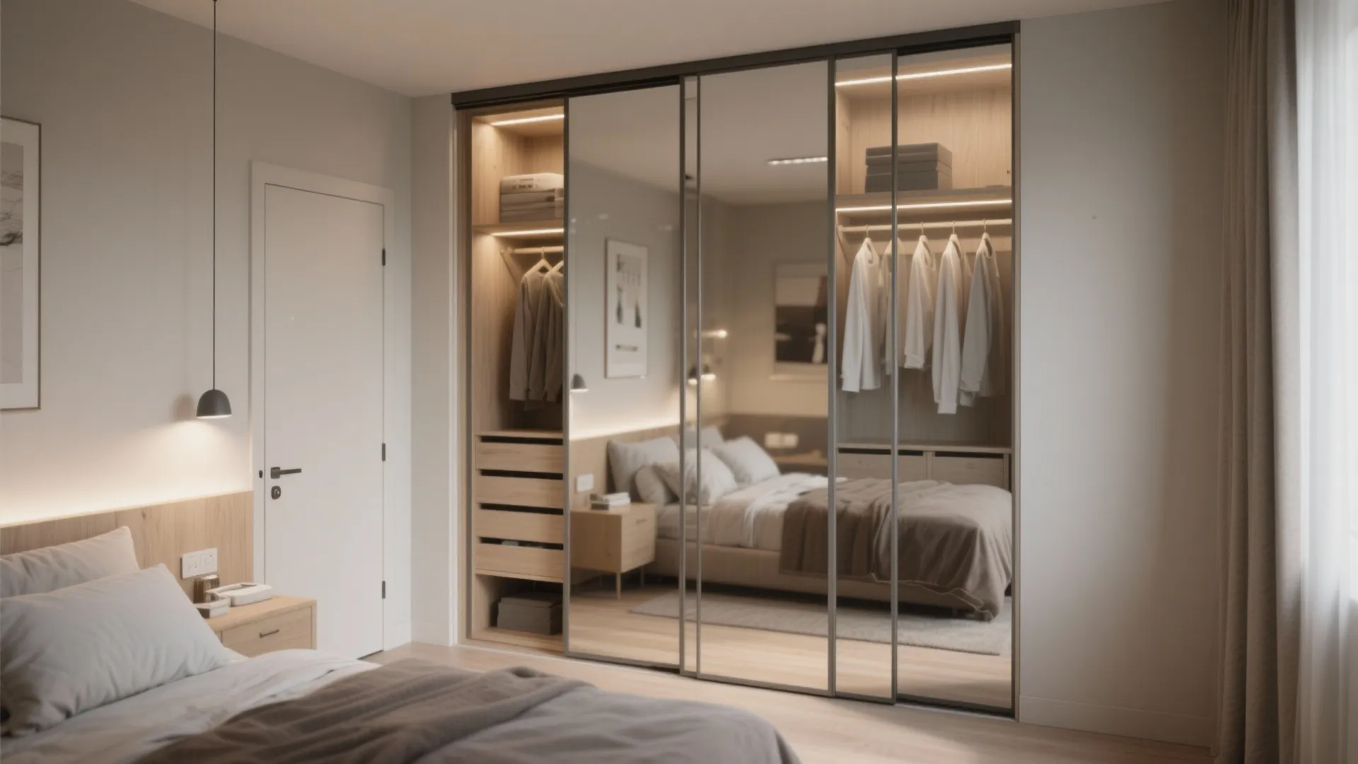 Slim sliding wardrobes with mirrored doors reflecting light to enlarge a tiny bedroom visually.