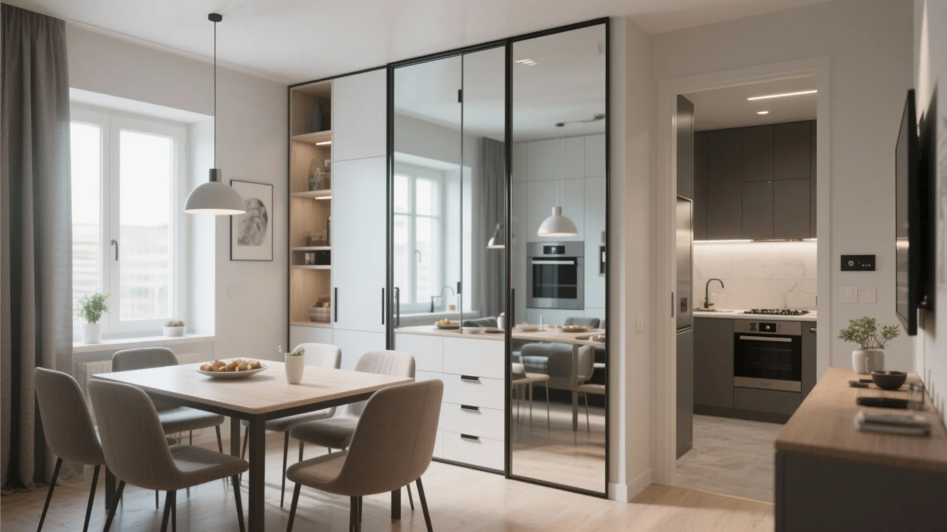 5. Sliding or hidden mirrors for multifunctional dining spaces