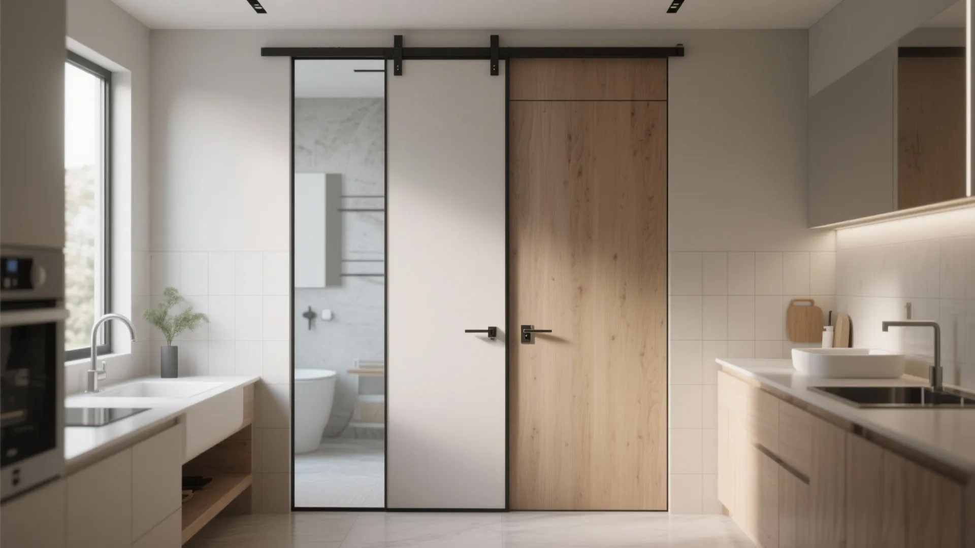 Modern kitchen with white and wood sliding barn doors and black handles on track system