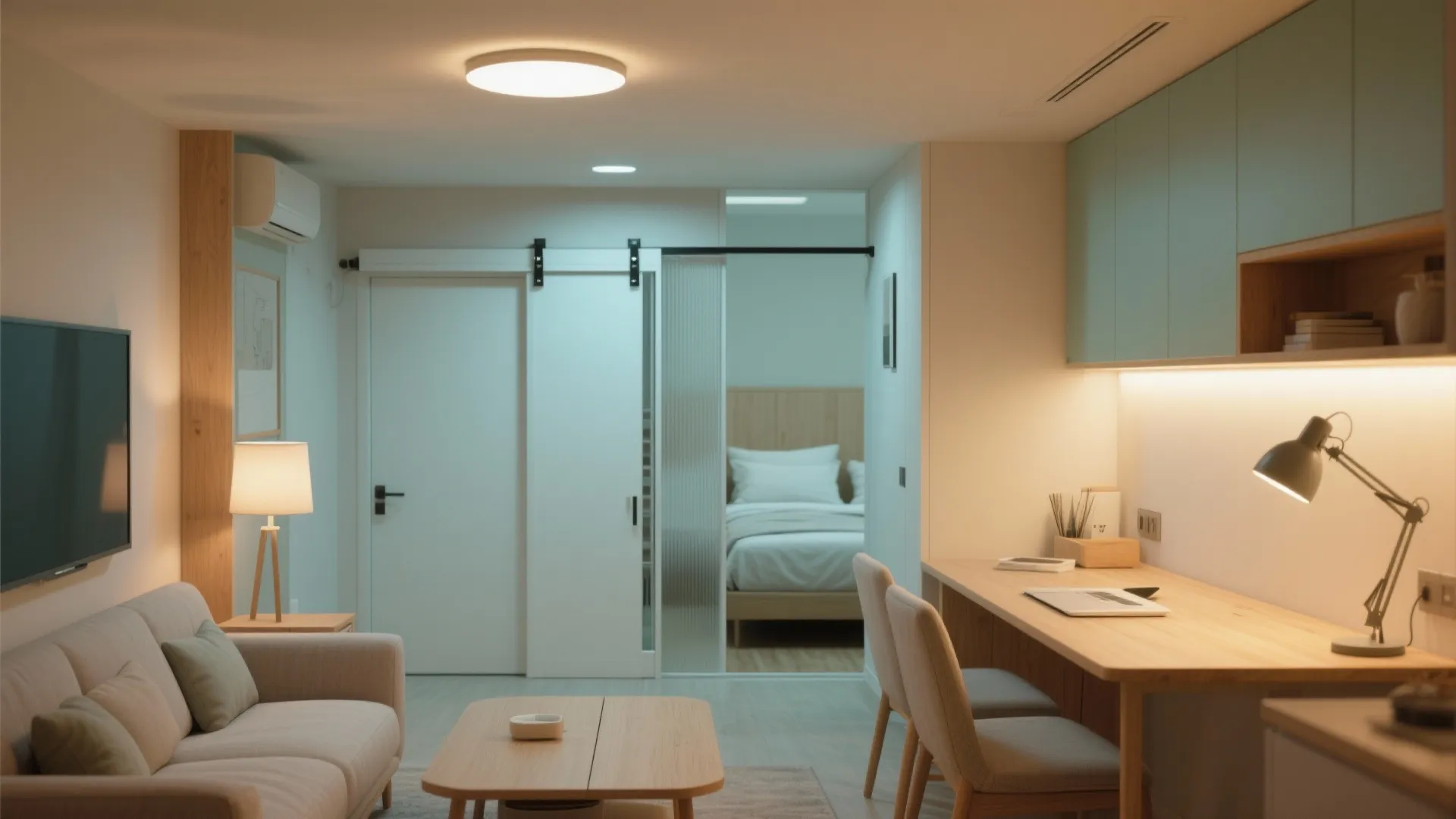 Sliding solutions, multipurpose furniture, and light layering