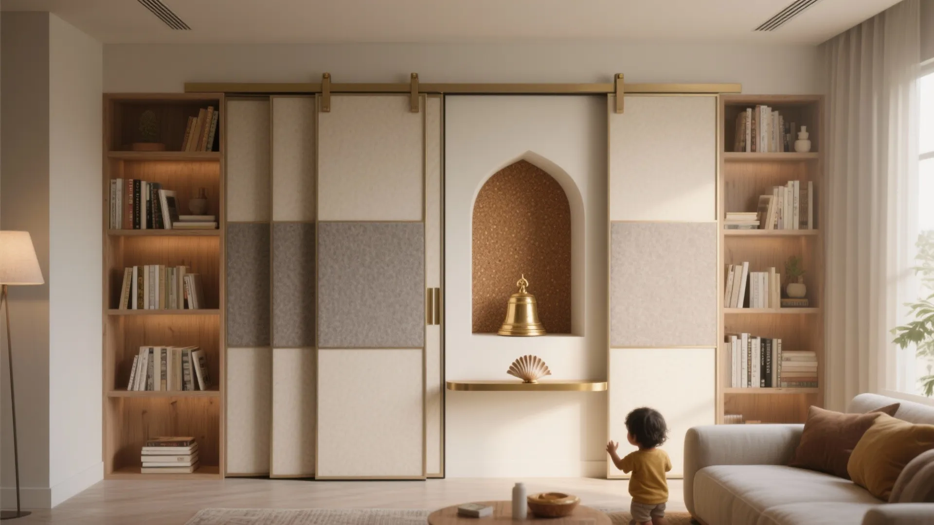 Living room wall unit with sliding panels bookshelves gold bell niche and light beige sofa
