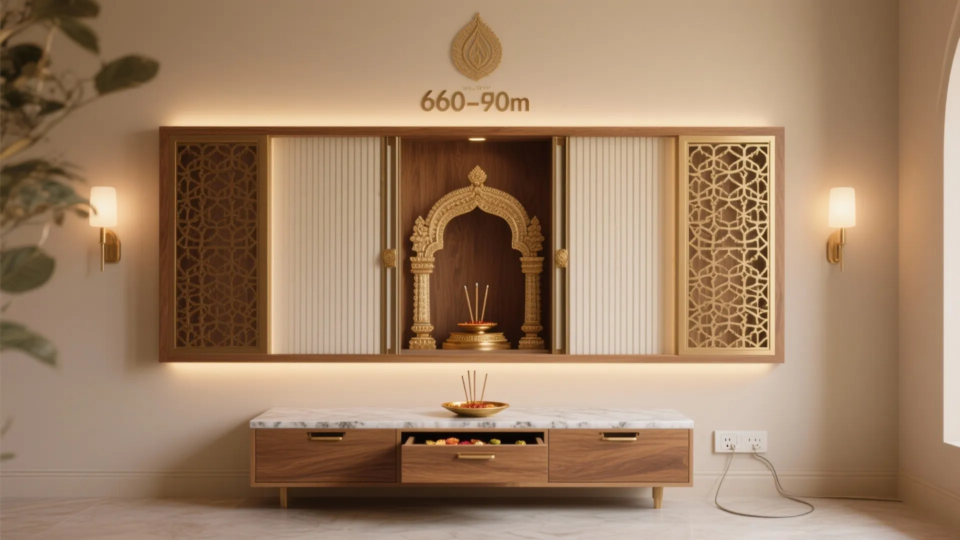 Wall mounted wooden cabinet with sliding doors gold patterned panels and marble top storage unit