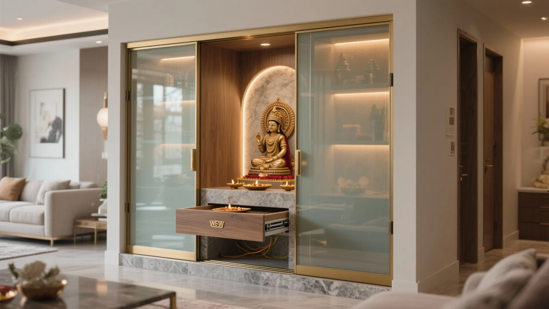 Built-in niche with sliding glass doors