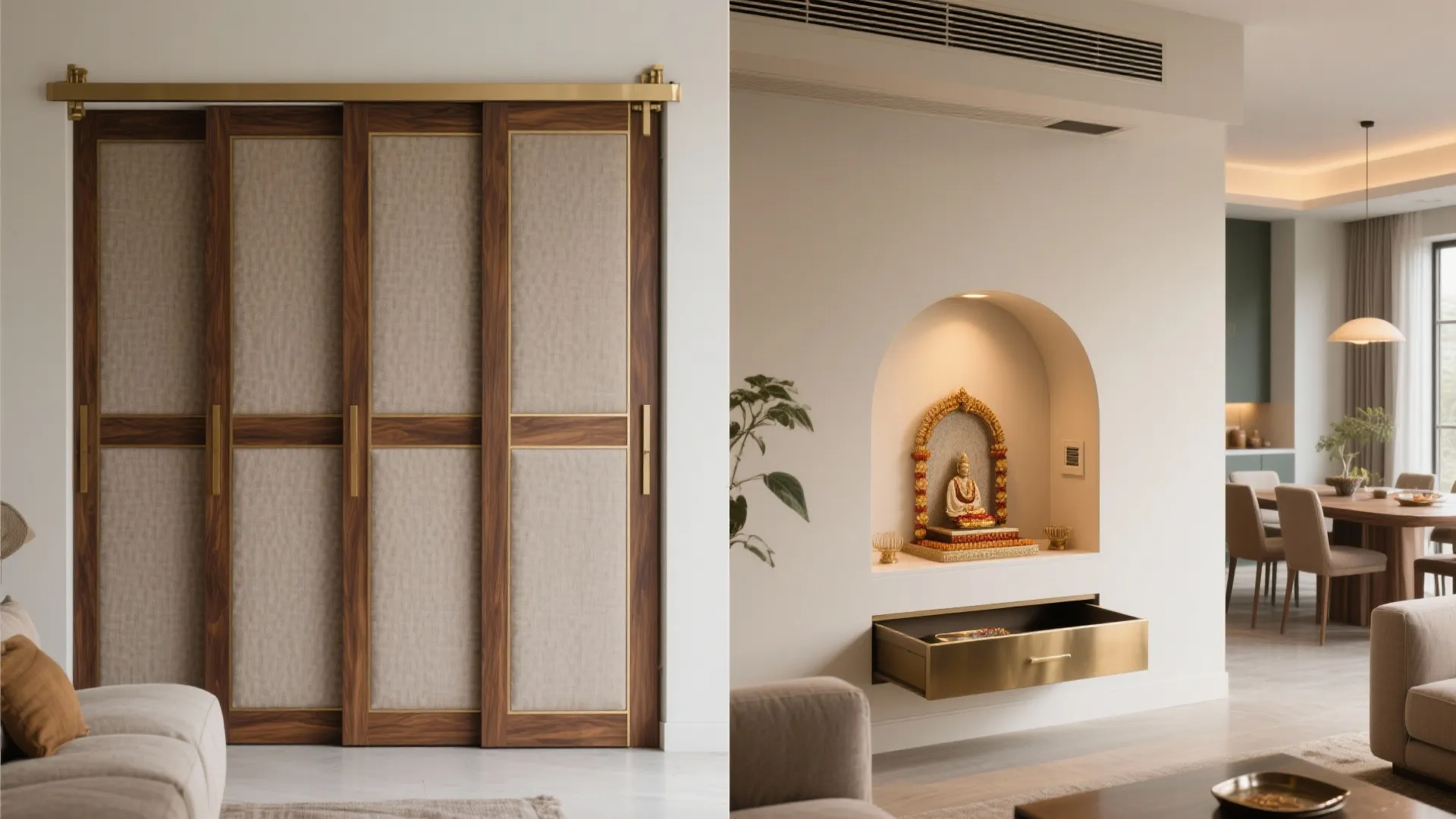 Sliding-panel pooja niche that blends with living and dining