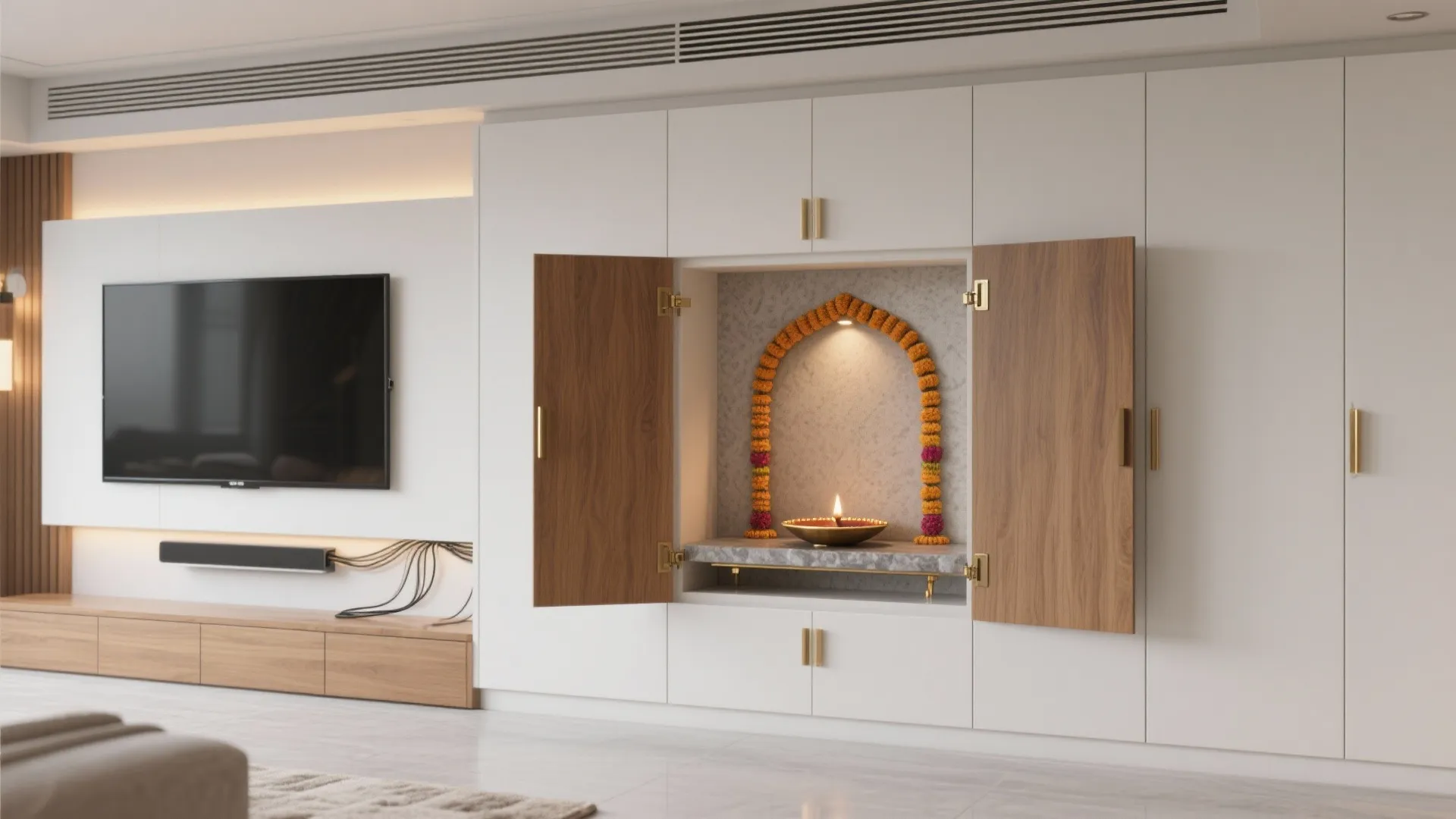 Sliding-Panel Niche Inside Living Room Storage