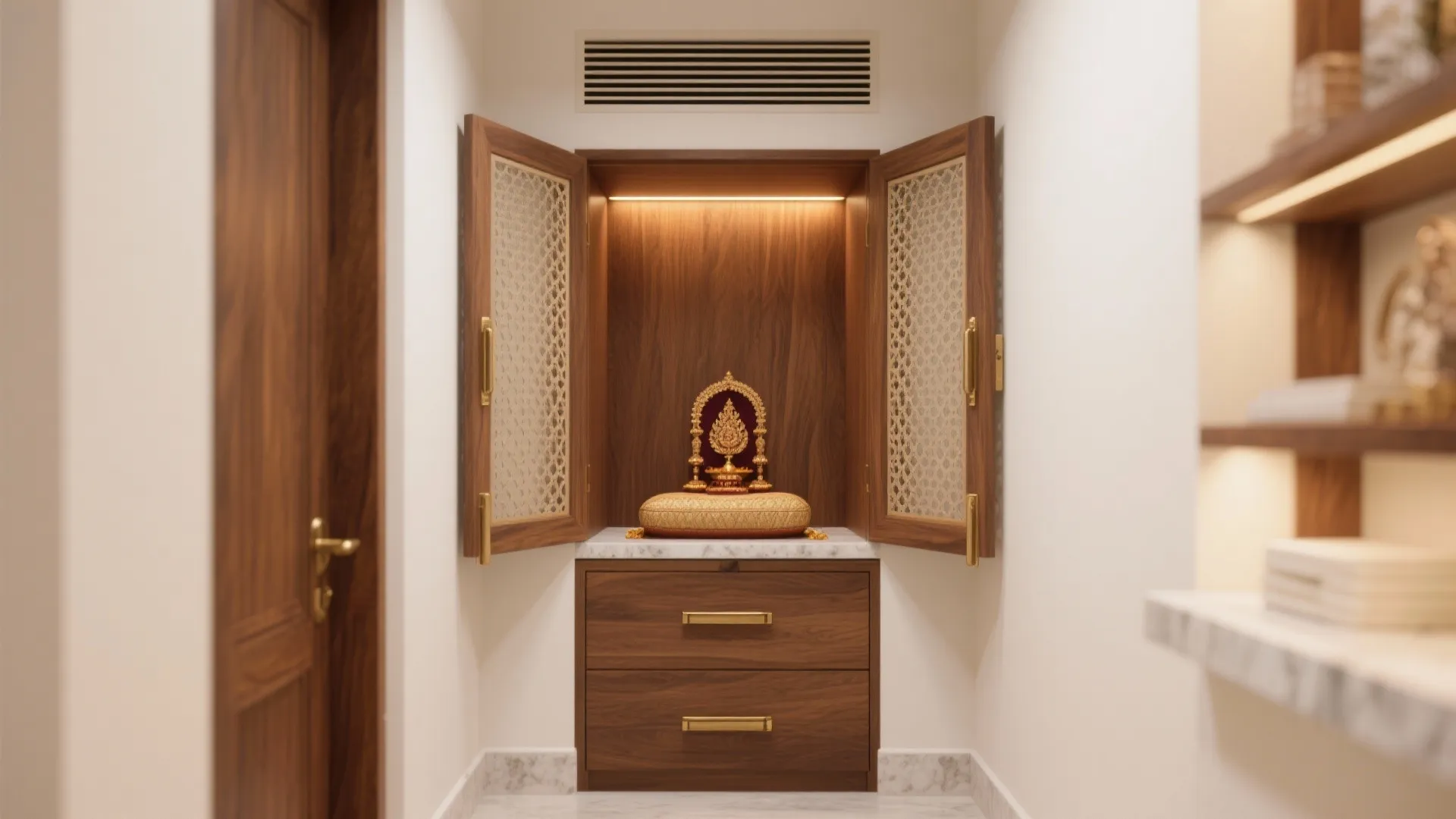 Compact Sliding-Door Pooja Cabinet in a Niche