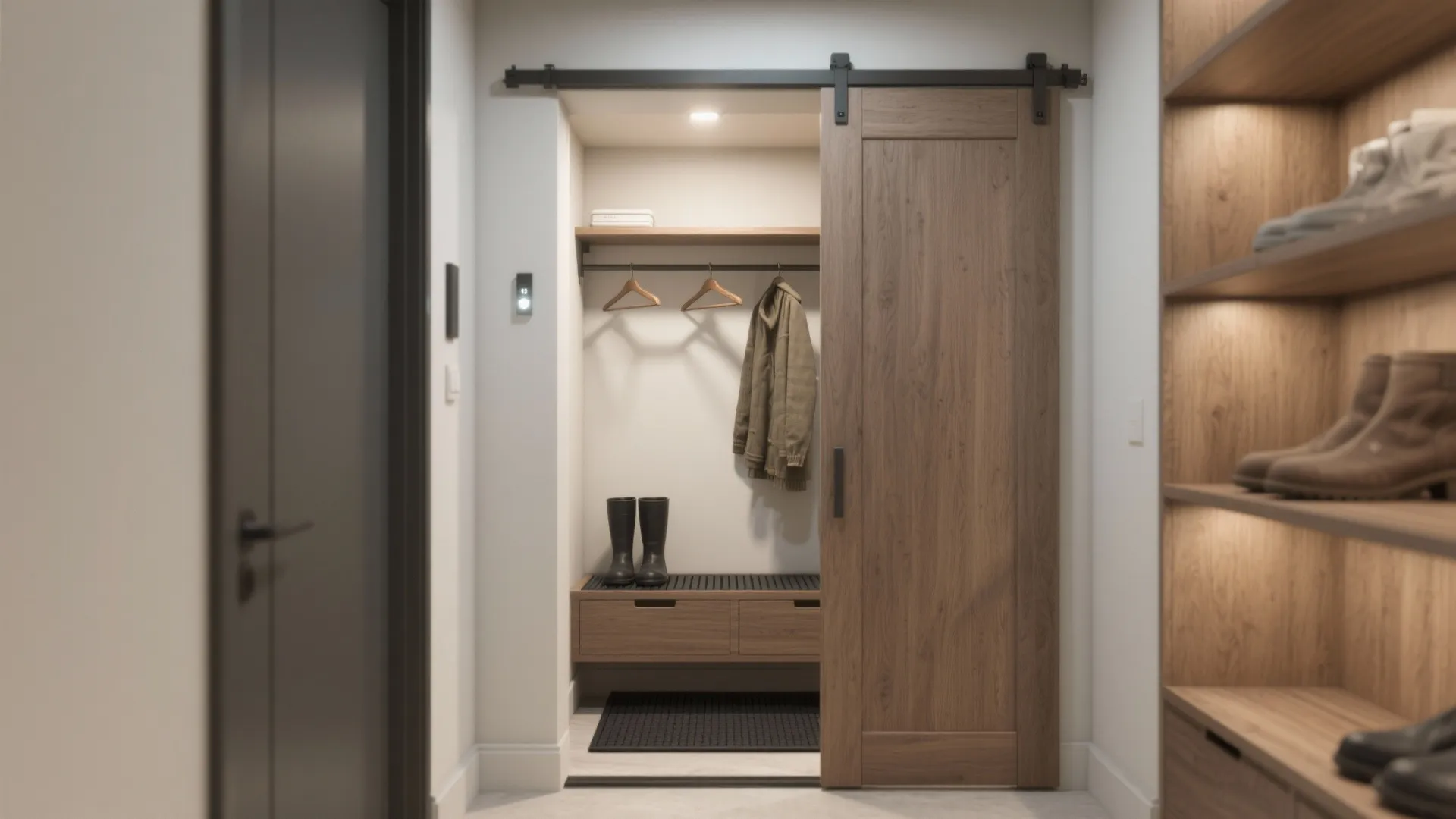 5) Sliding-Door Niche Mudroom: Hide Bulk, Keep Speed