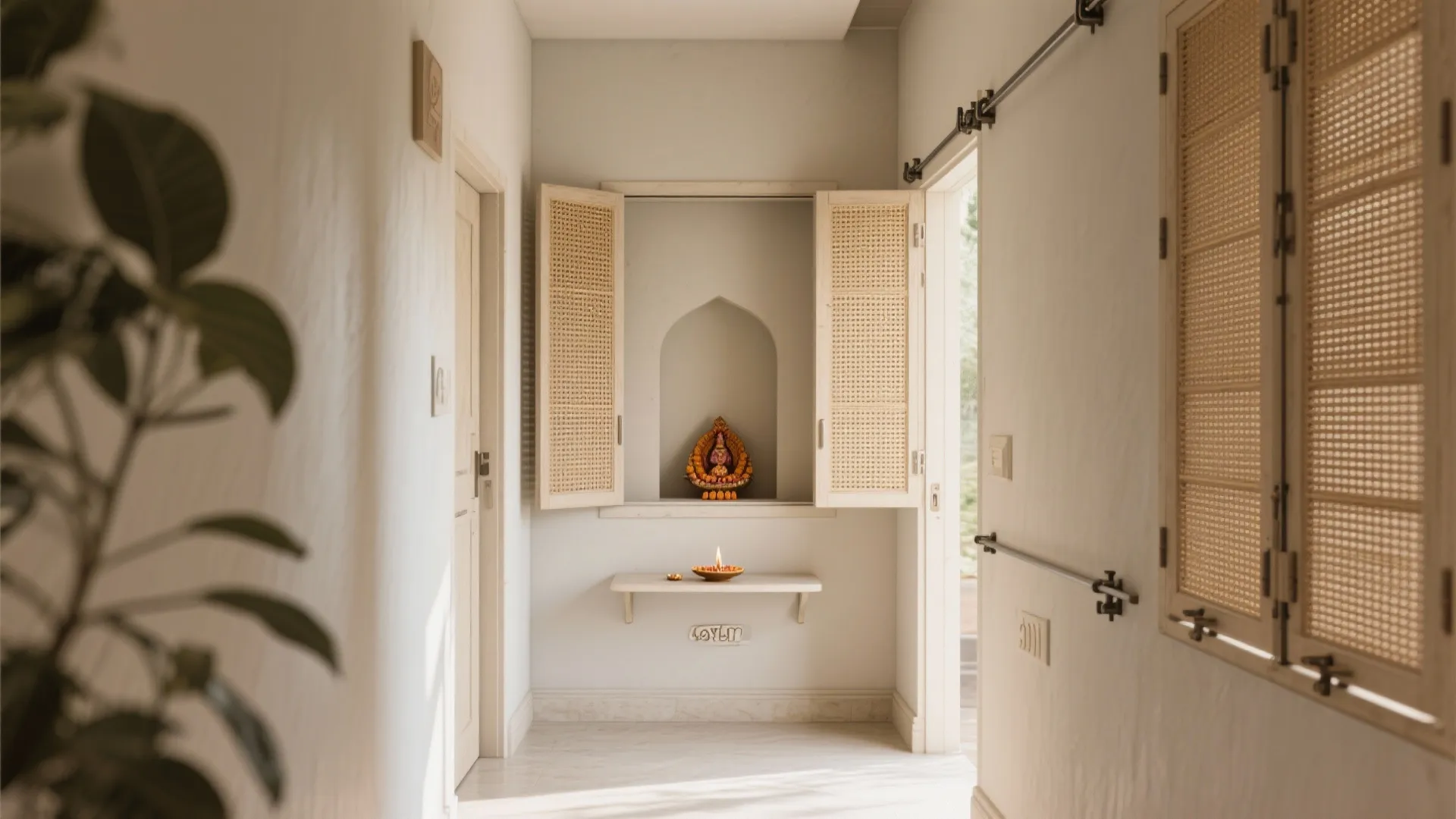 Compact recessed pooja niche with pocket sliding shutters and pull-out aarti shelf in a narrow corridor.
