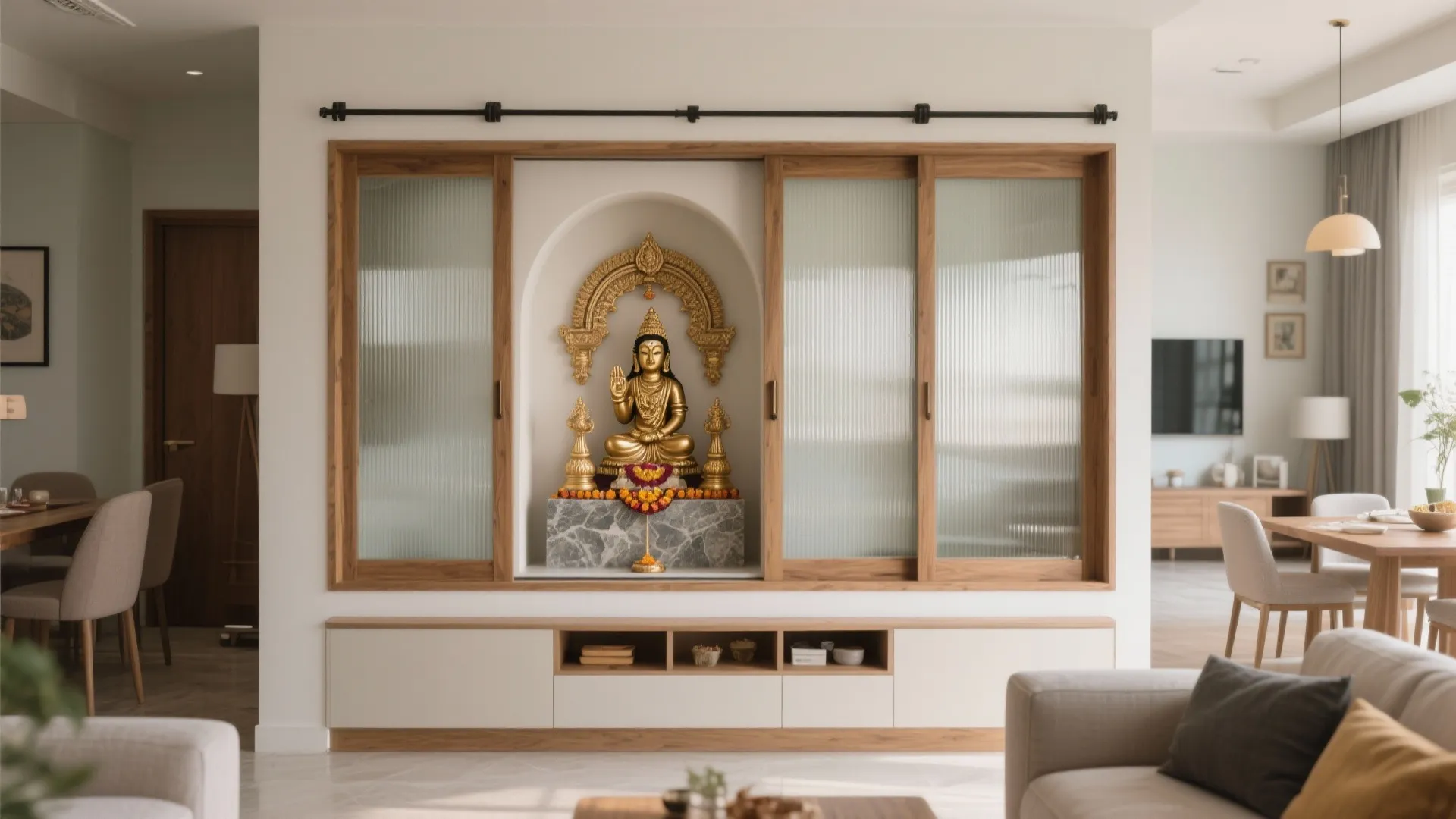 Sliding-door niche mandir in a multi-use wall