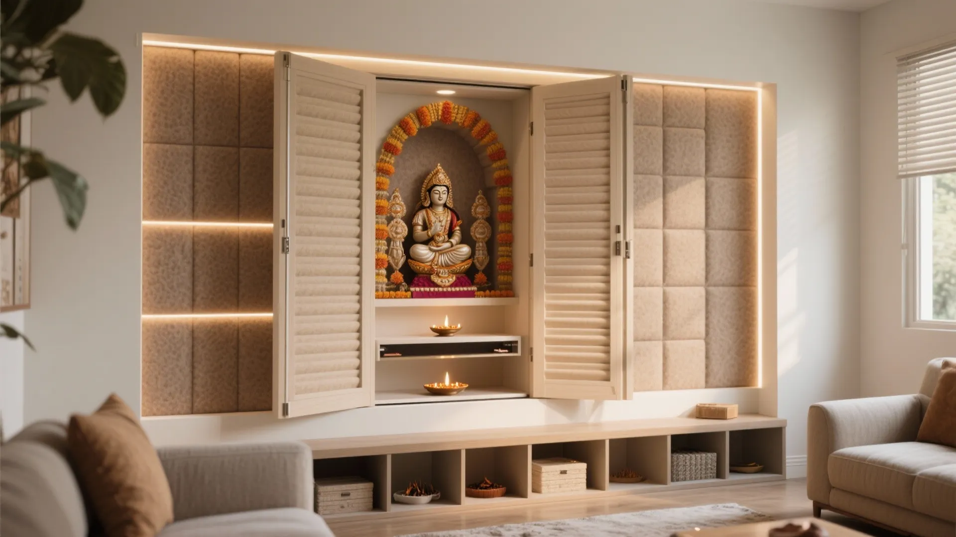 Sliding-Door Niche Pooja with Acoustic Panels