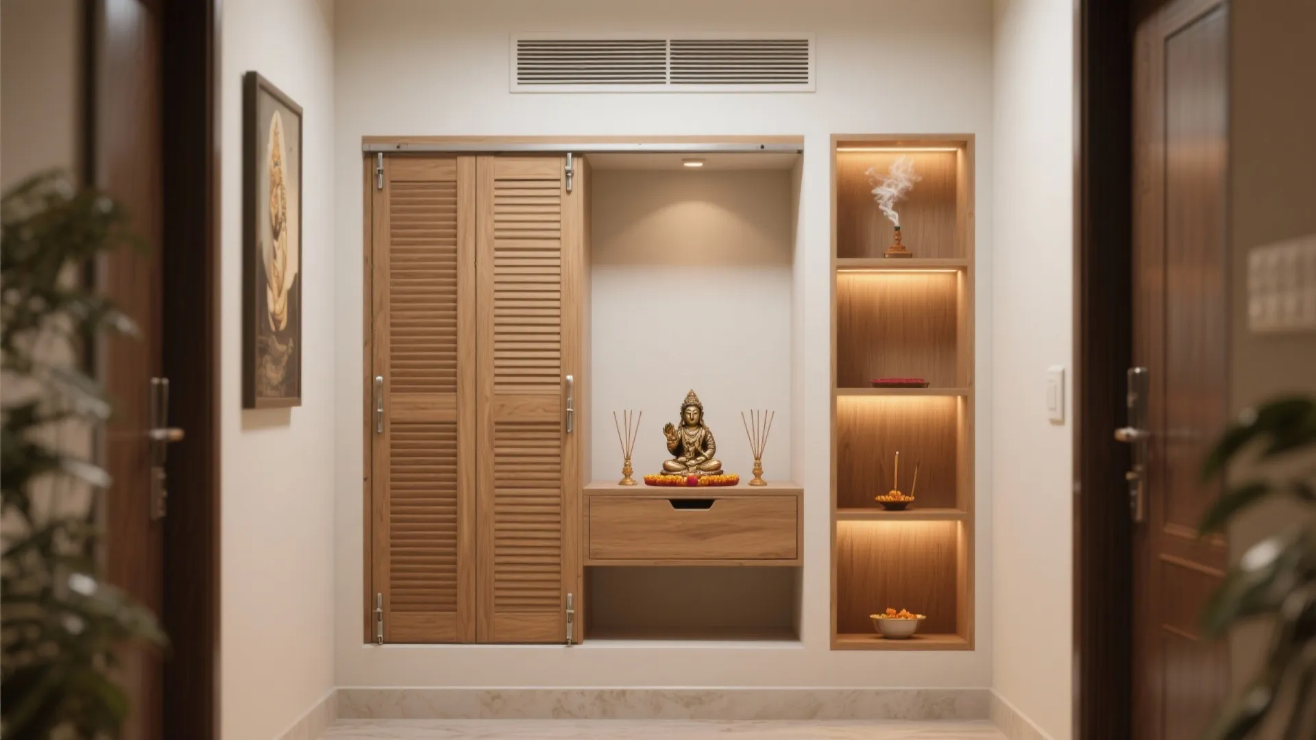 Modern prayer room with wooden sliding doors built in wall shelves and golden statue on cabinet